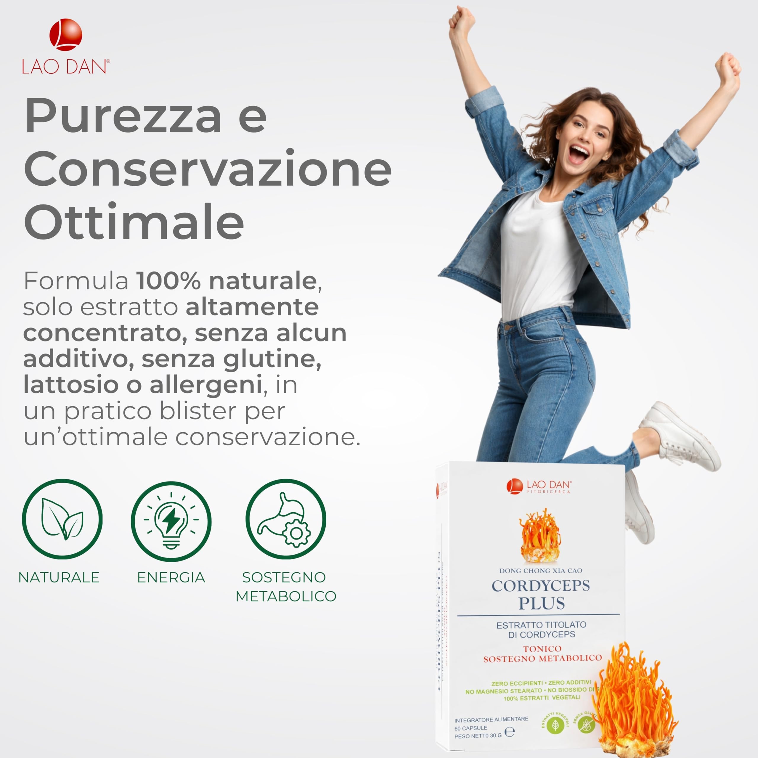 Cordyceps Plus da Fitoricerca Lao Dan®, 60 Cps Cordyceps Sinensis, 12.000 mg (Estratto CS-4 30:1) titolato al 40% in polisaccaridi, Cordyceps Capsule Made in Italy