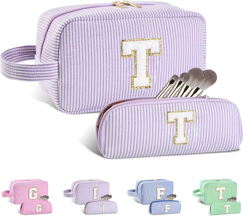 Necessaire de maquiagem Huifen com inicial T, roxa, pacote com 2