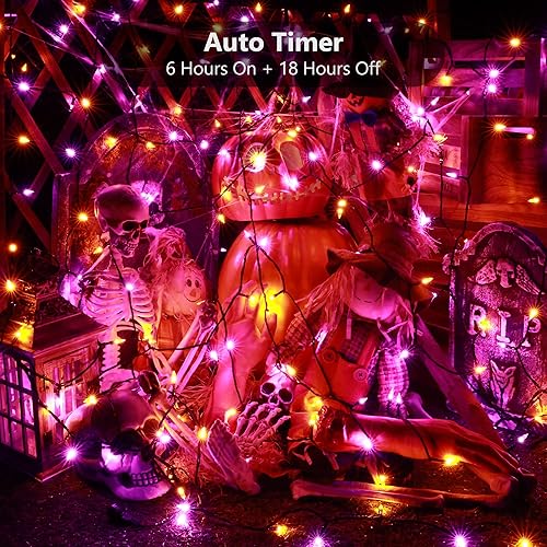 Miniatura 2 de BrizLabs Luces de Halloween naranjas y moradas, 33 pies, 100 luces LED de Halloween, 8 modos de luces naranja y morado con temporizador, mini cadena
