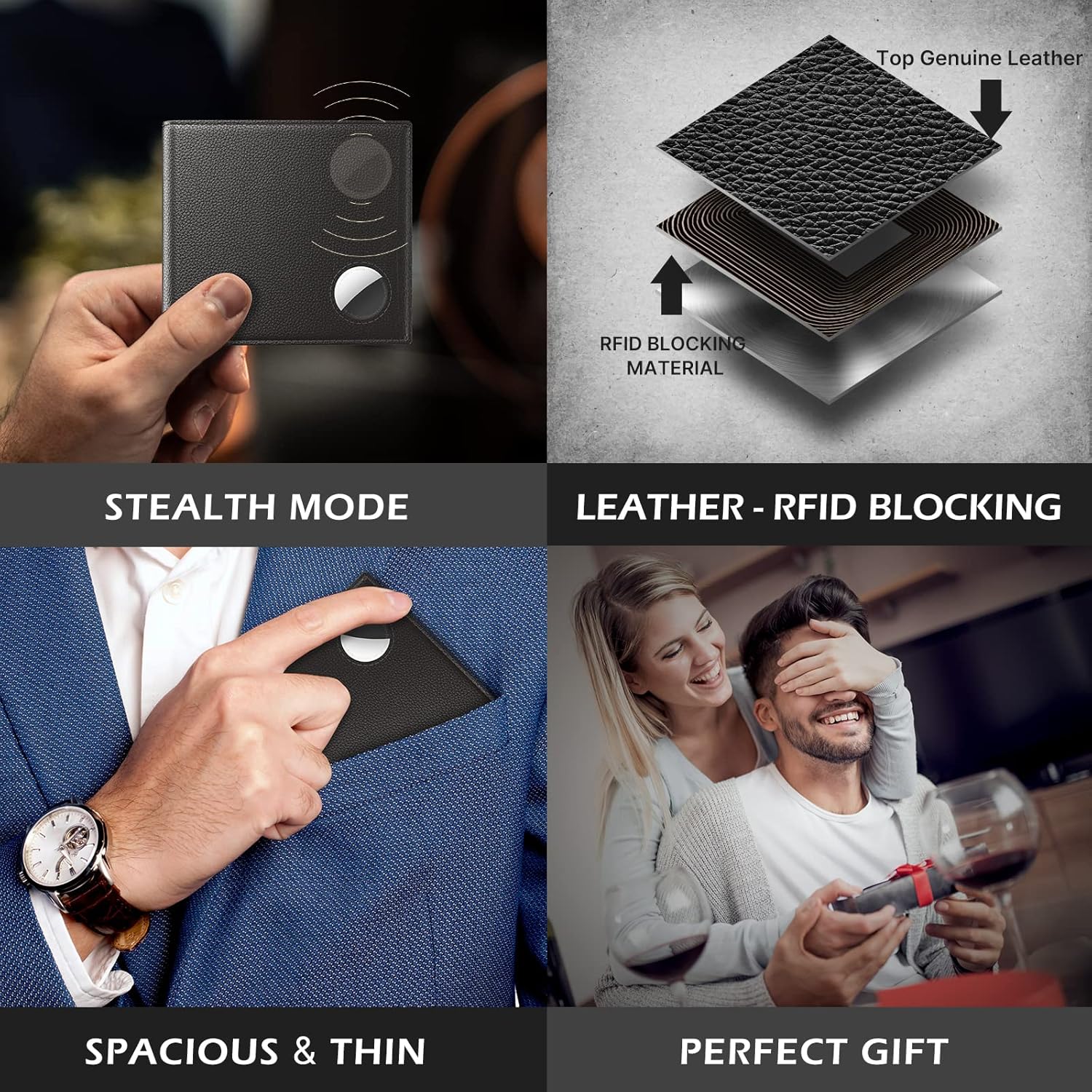 typecase Mens Leather Wallet with AirTag Holder: Hidden Pocket Compatible with Apple Air Tag,Top Grain Leather, Bifold, Slim, RFID Blocking - 10 Card Capacity | Bill Divider | ID Window (Black) - Image 9