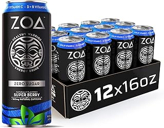 ZOA Zero Sugar Energy Drink, Super Berry, 16 oz. (12 Pack) - Supports Immunity, Focus, Hydration, Body & Energy - 100% DV ...