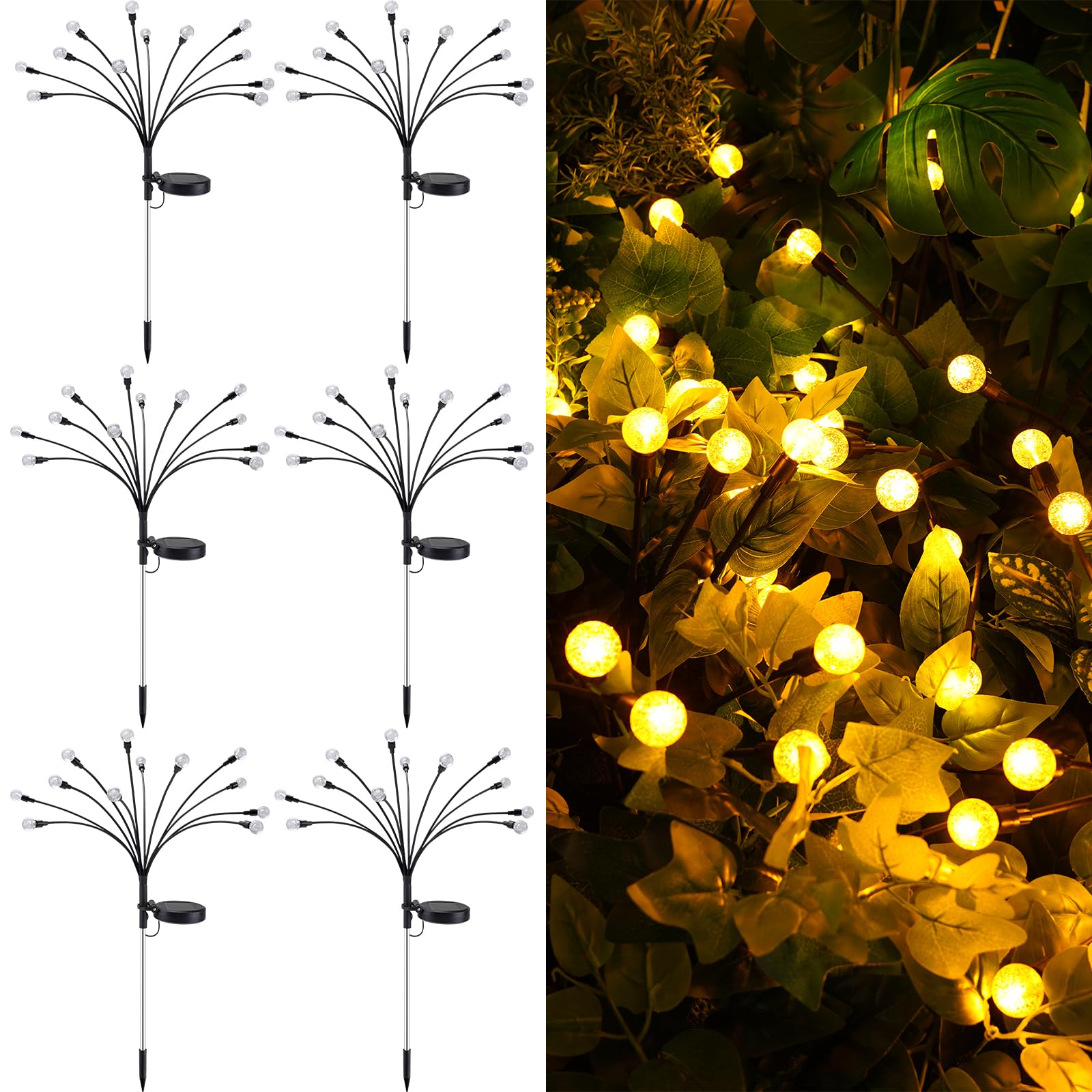 72 LEDs Solar Powered Firefly Garden Lights, Swaying Crystal Globe Solar Lights with 2 Lighting Mode, Firefly Lights Outdoor Waterproof for Yard Patio Pathway Decoration, 6-Pack, Warm White