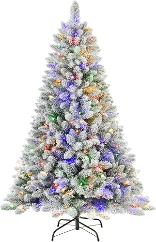 Vista 7 de Árbol de Navidad artificial de 1.8 m con nieve esmerilada preiluminada, árbol de Navidad artificial con 250 luces LED que cambian de color cálido