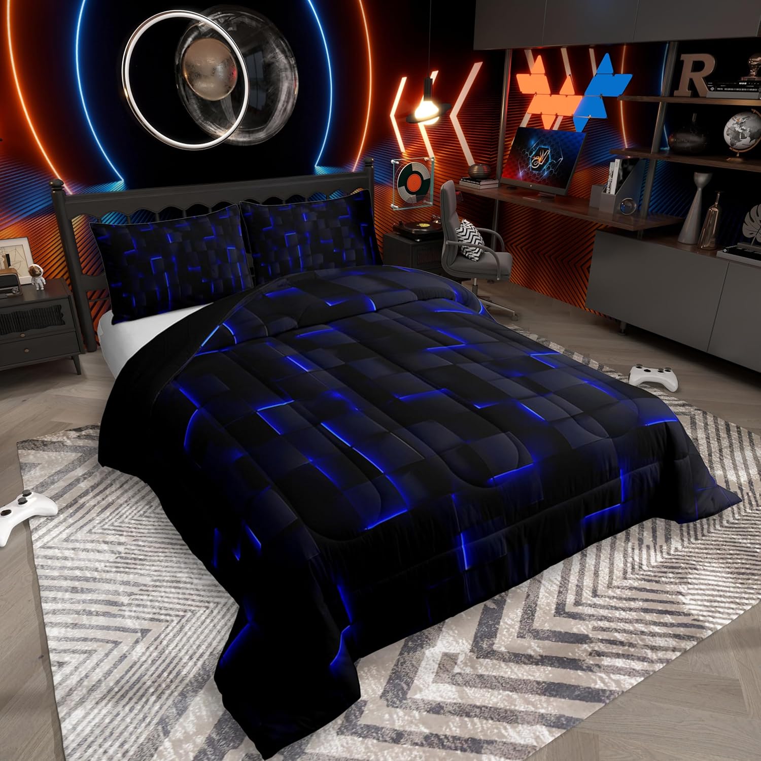 Erosebridal Royal Blue Black Queen Comforter Set,3D Geometric Checkered Bedding Sets,Neon Gaming Gamer Quilt Bed Set,Abstract Cube Bedroom Decor for Kids Teen Adults,2 Pillowcases