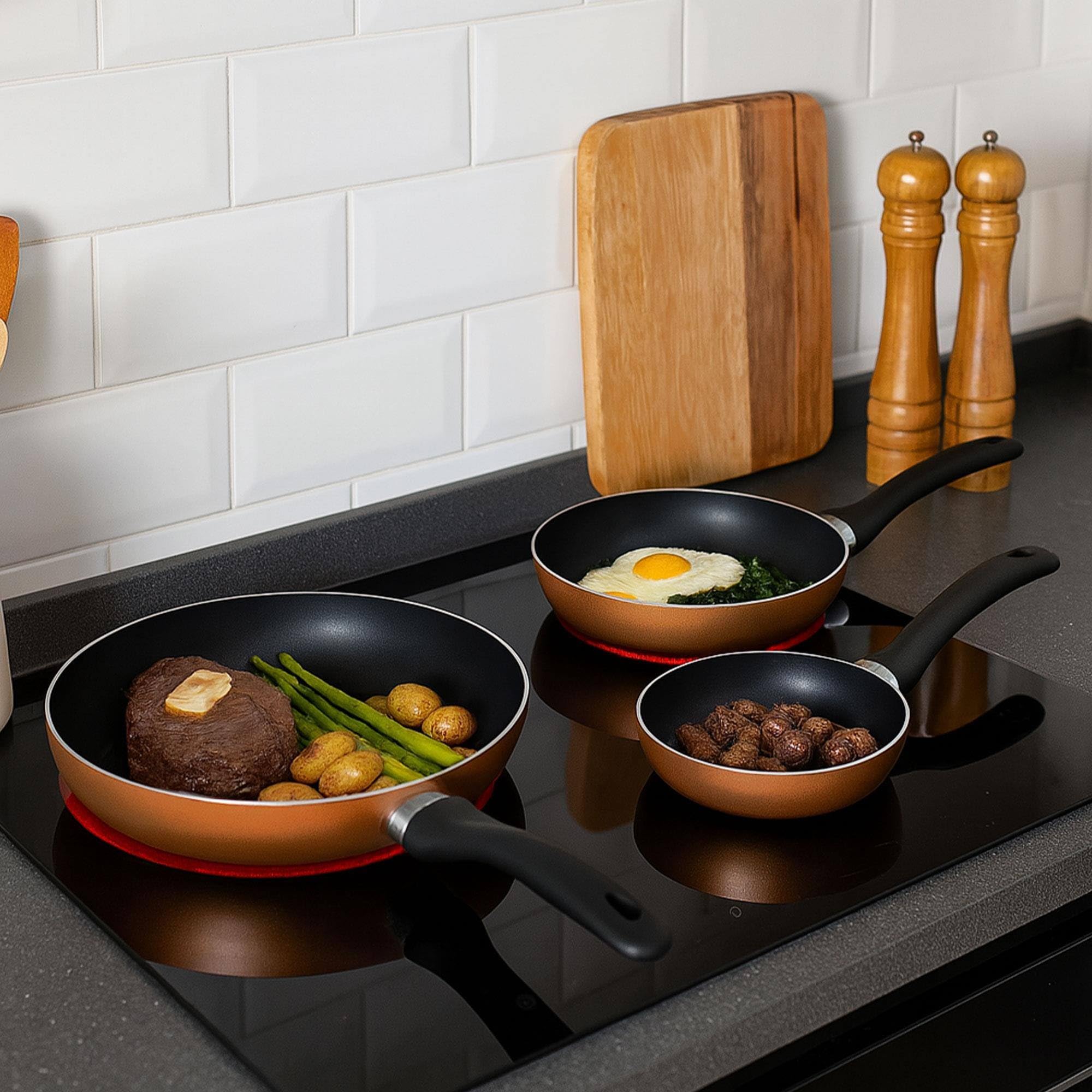 Well Home Pack Batería de cocina 7 Piezas en acero inoxidable + Sartenes Ø16Ø20Ø24Ø28cm Aluminio prensado Bronce metalizado