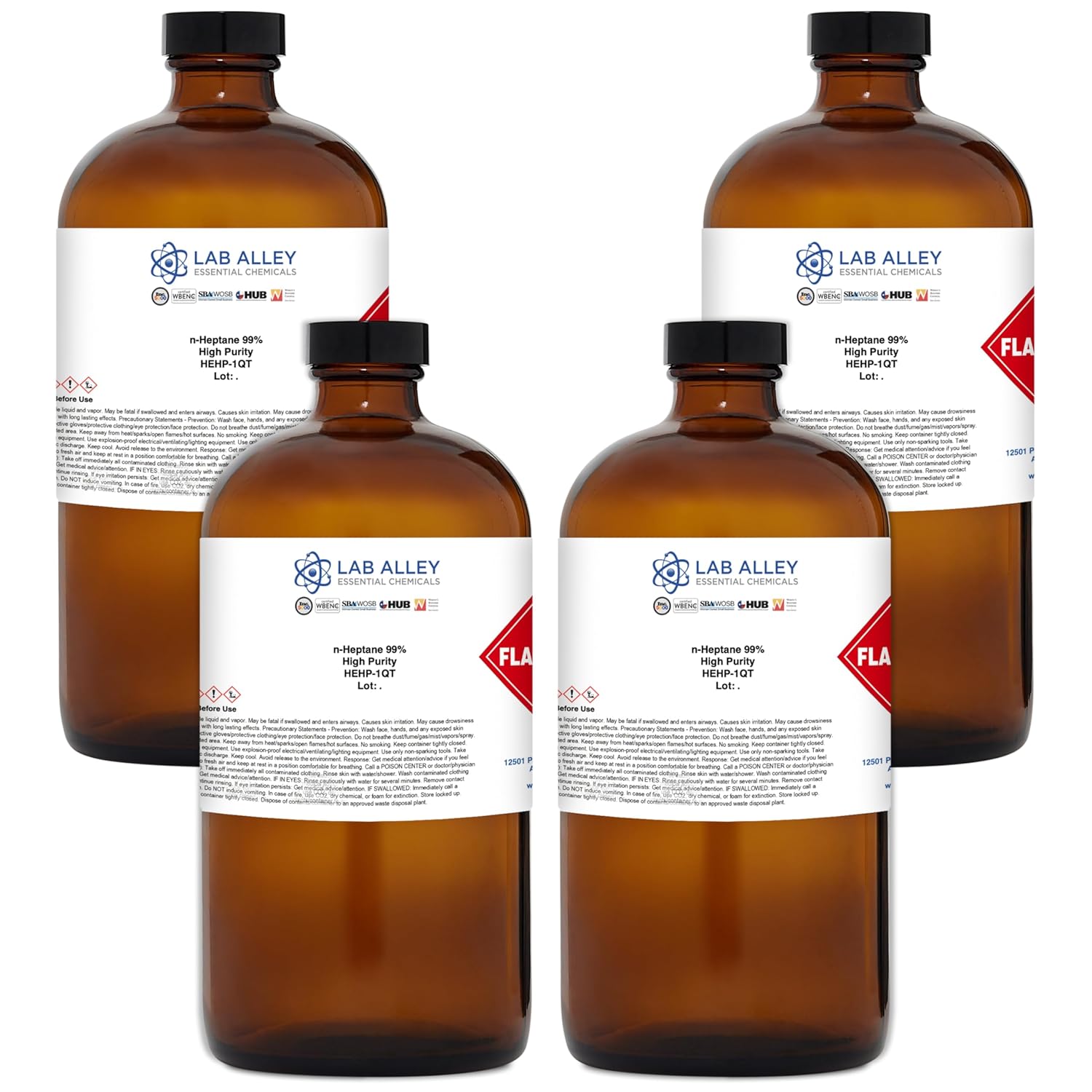 Lab Alley n-Heptane 99% High Purity Solvent, Non-Polar Solvent for Laboratory, Industrial & Research Use, 1 Gallon (Pack of 4 x 1 Quart Bottles)