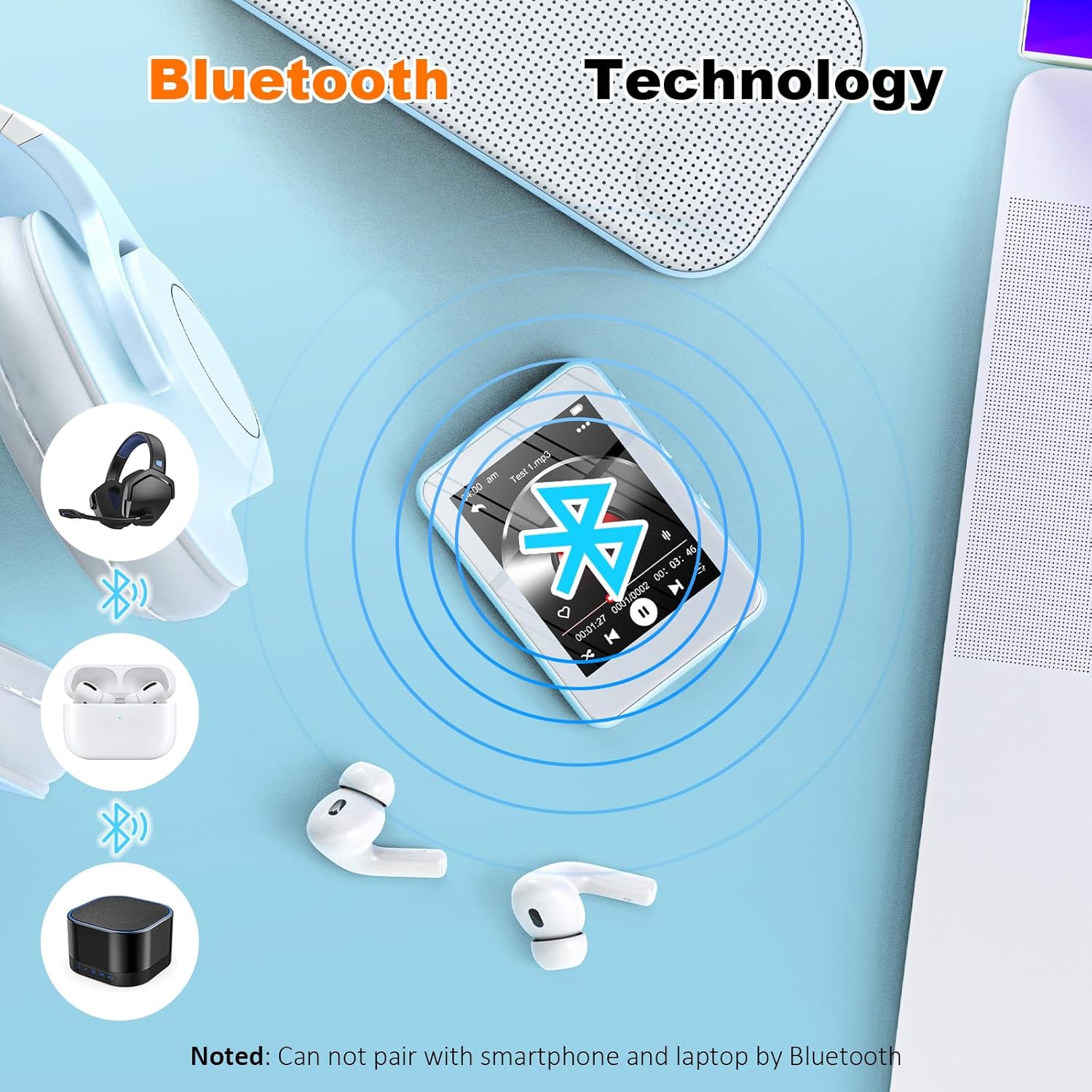 Light Blue MP3 Player with Bluetooth 5.3, 32GB Touchscreen Portable Music Player,Built-in Speaker,FM Radio,Voice Recorder,HiFi Sound,Expandable to 128GB – Perfect for Running,Travel,Study & Relaxation