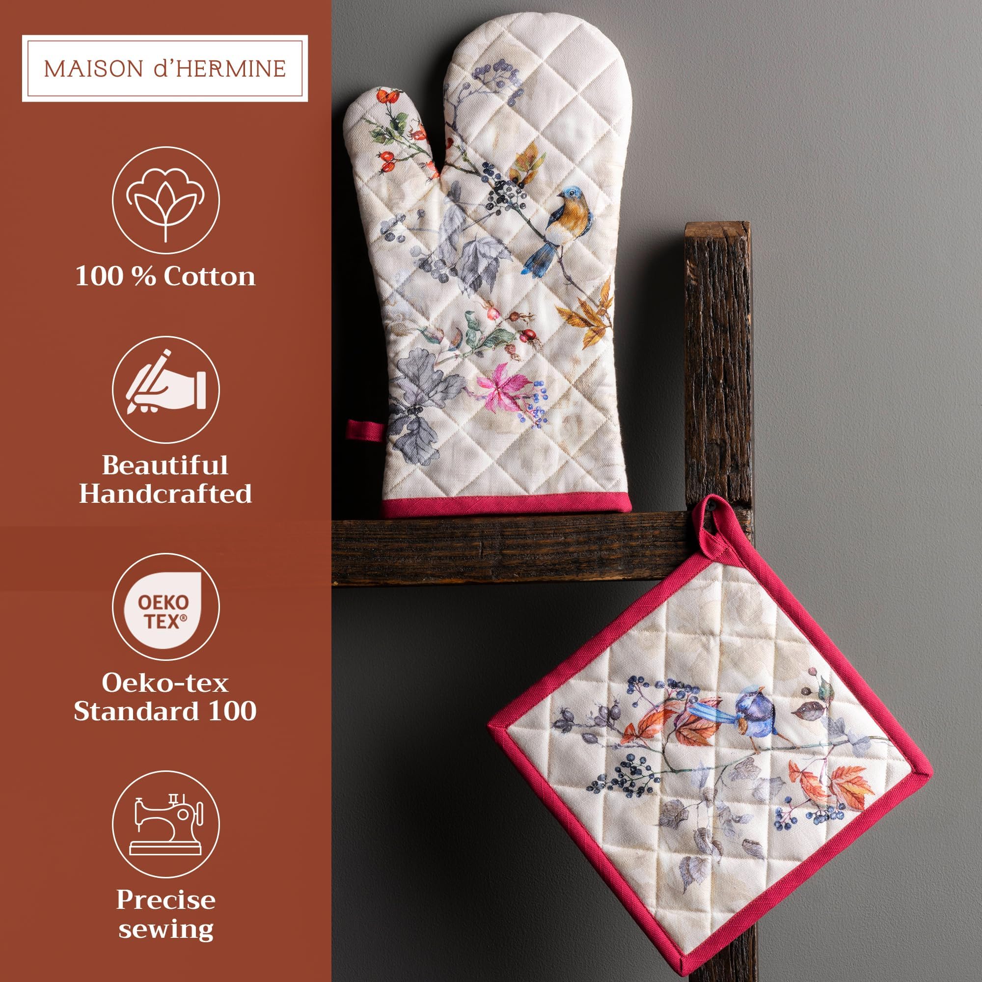 Maison d' Hermine 100% Cotton Oven Mitt & Pot Holder Set (19 x 33 cm & 20 x 20 cm) Heat Resistant BBQ Cooking Gloves with Loop for Christmas Decorations Baking Handling Hot Pans (Equinoxe - Beige)