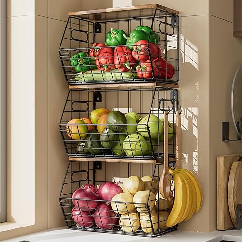 Miniatura 2 de Delamu Cesta de frutas apilable de metal con tapa de madera, paquete de 3, organizador de pared colgante para encimera de cocina, almacenamiento de