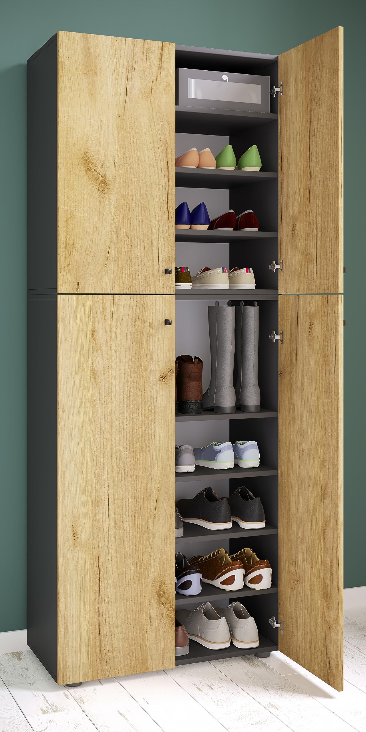 VCM Holz-Schuhschrank, Maße: B. 70 x H. 184 x T. 40 cm, Allzweckschrank, 9 Fächer, 4 Drehtüren - Lona