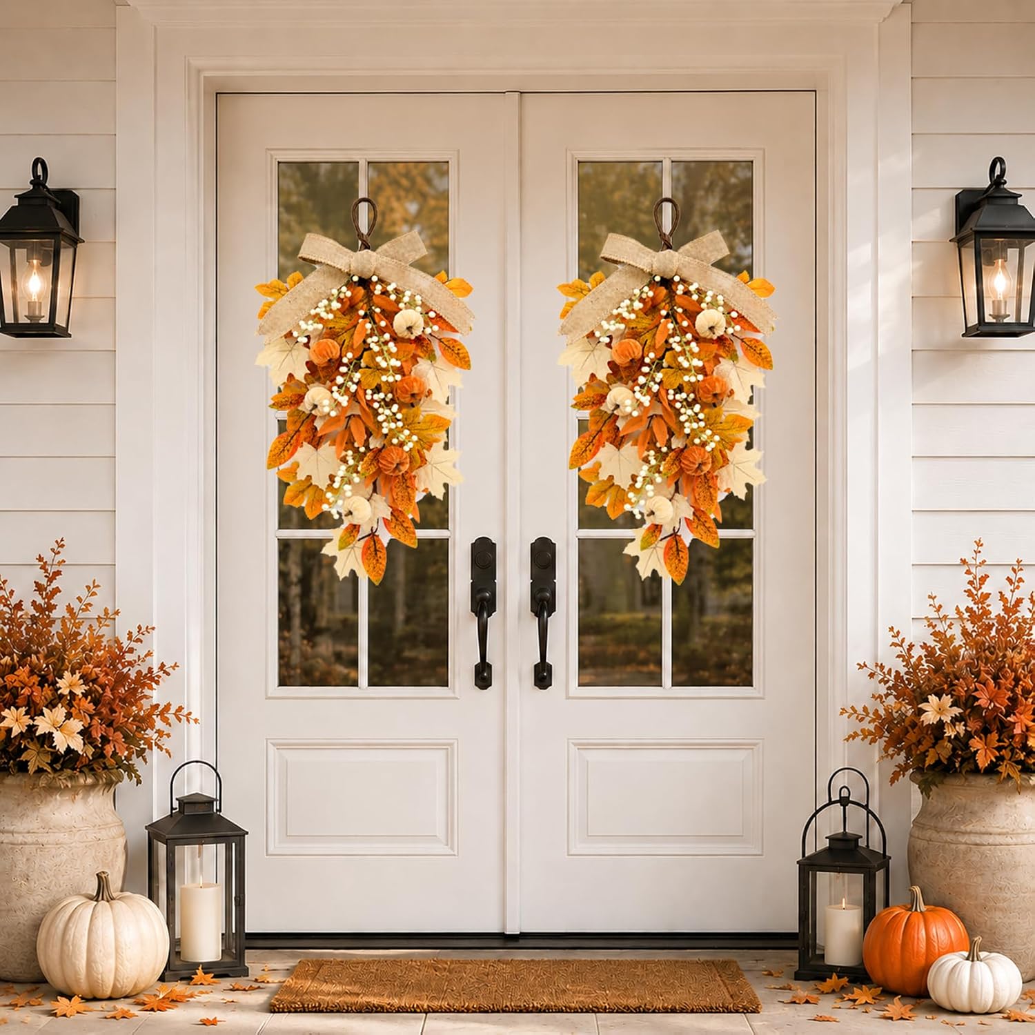 Fall Teardrop Swag Wreath for Front Door Porch 2 Pack 24Inch