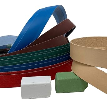 1" x 30" Belt Combo Pack 12 Assorted Grit Belts + 2 Leather Honing Stropping Belts + Green Stainless & White Diamond Buffing Compounds