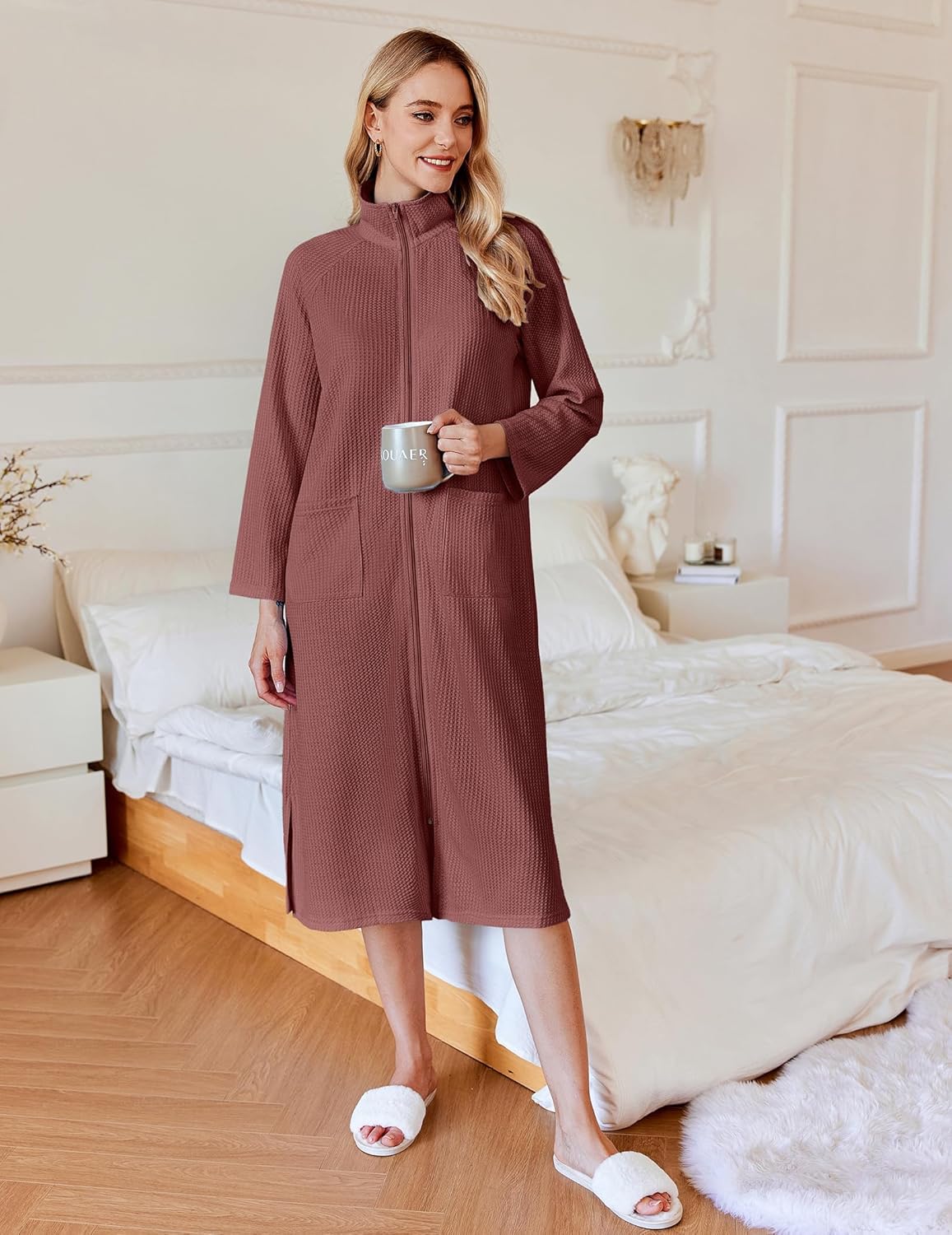 Ekouaer Waffle Robes for Women Long Zipper Bathrobes Lightweight House Coat Soft Sleepwear with Pockets Loungewear S-XXL - Image 2