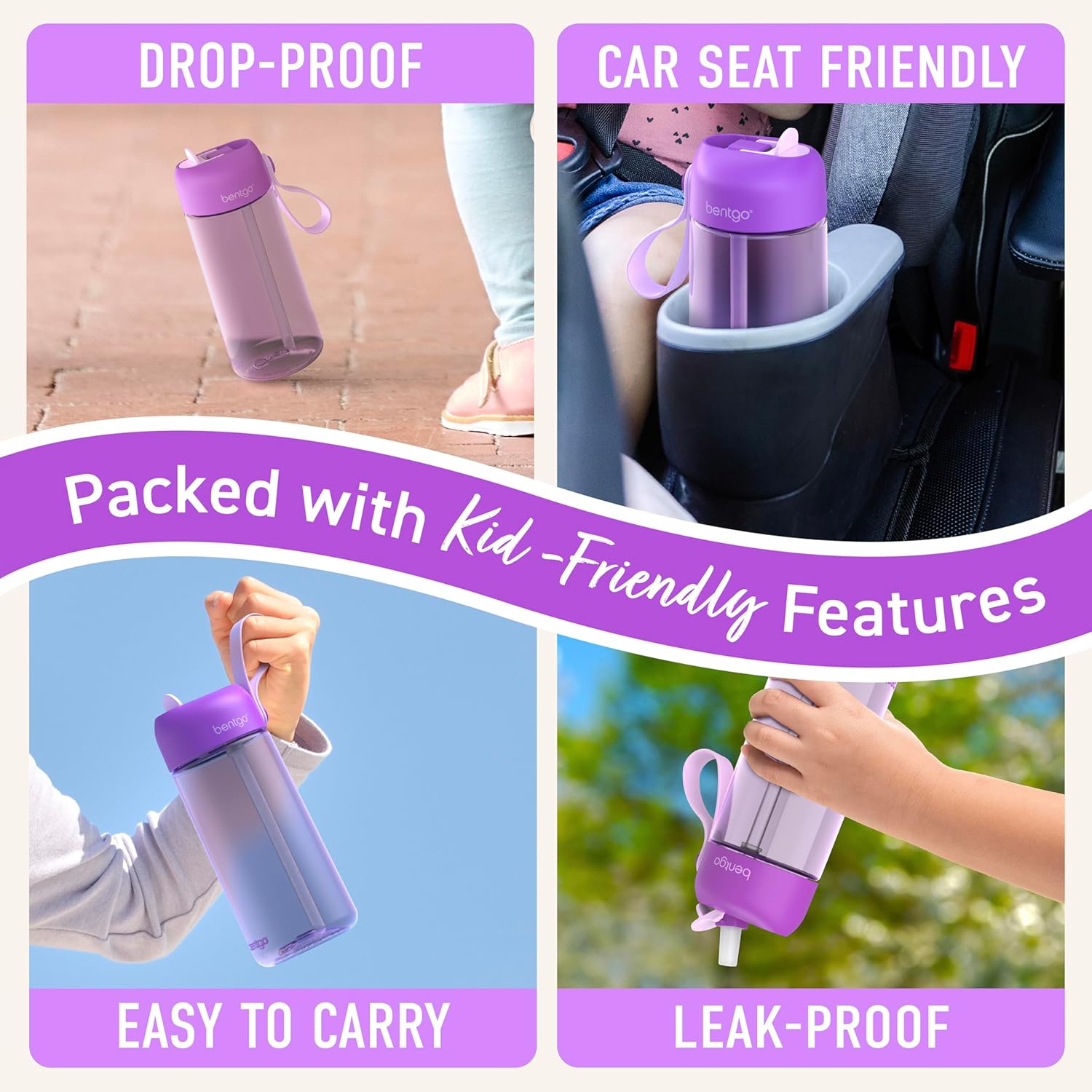 Bentgo Kids Water Bottle, Leak-Proof, Bite & Sip Spout, 15 fl oz | PFAS & BPA-Free, Shatter-Resistant, Carry Handle, Lightweight, Top-Rack Dishwasher Safe (Purple)