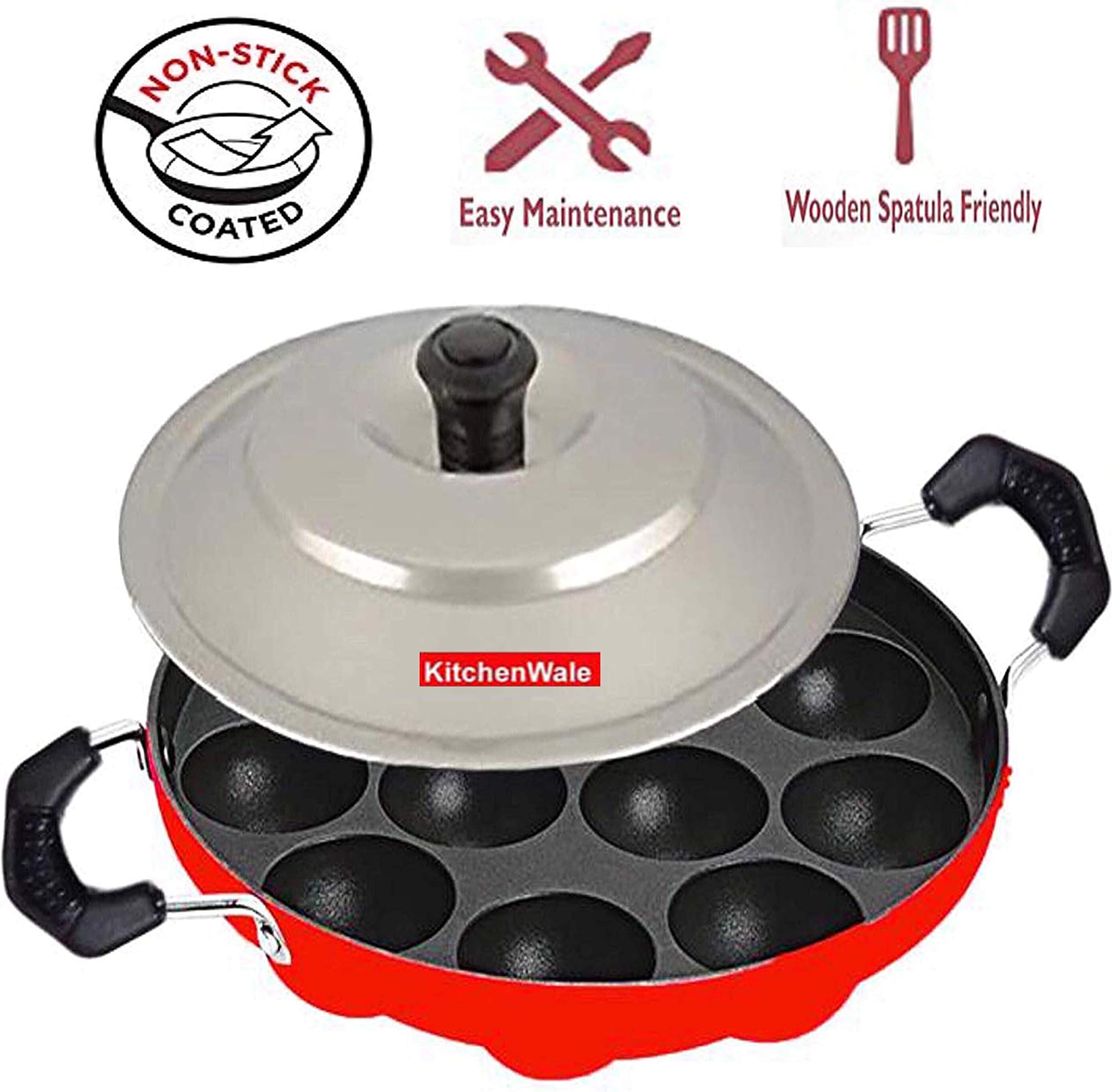 Kitchenwale 12 Cavity Premium Quality Non Stick Appam Maker 12 Cavity with Lid & Side Handle Paniyarakkal/Paniyaram/Pancake/Idli Maker