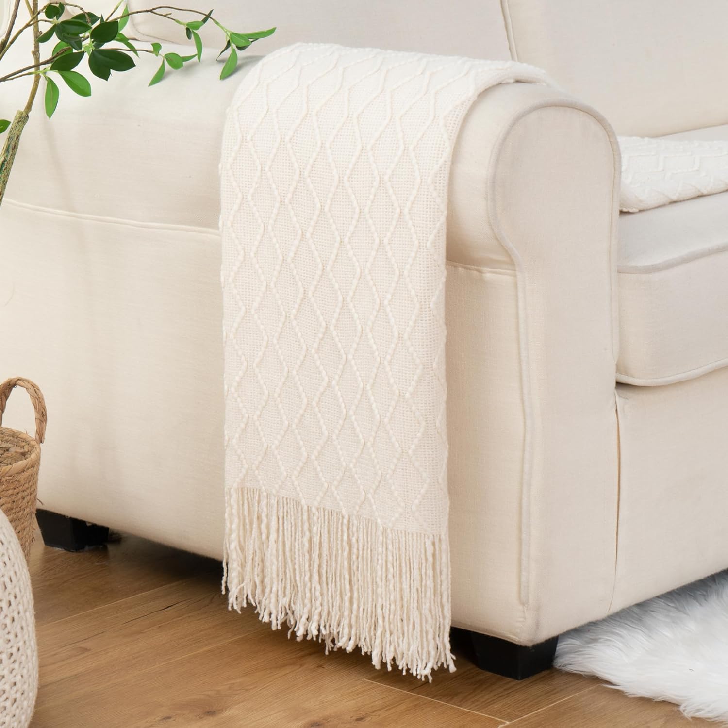 BATTILO HOME Ivory White Throw Blankets for Couch, Off White Lightweight Decorative Blankets and Throws, Boho Warm Knit Blanket for Men and Women, 50"x60" - Image 3