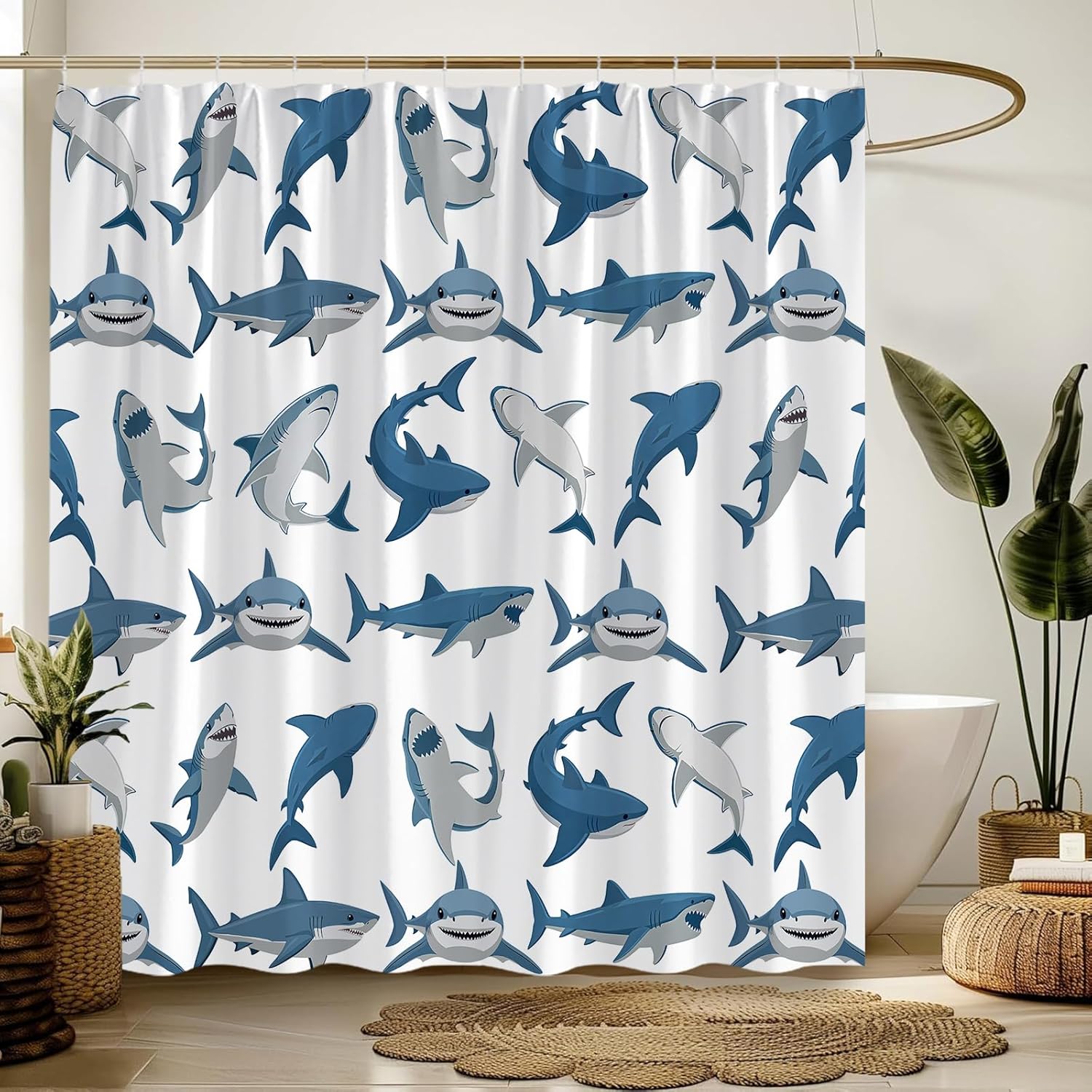 GCTNBJL Shark Shower Curtain Ocean Animal Shark Open The Mouth Fish Sea Marnie Underwater Nautical Bathroom Curtain with Hooks,Blue Gray White