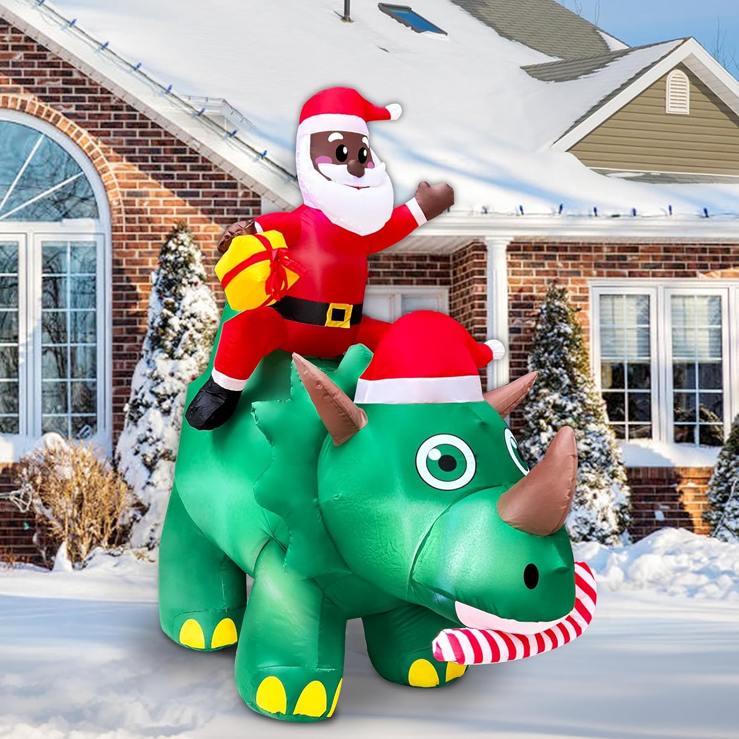 6FT by 5FT Christmas Inflatables Black Santa Riding Triceratops Dinosaur Inflatable Holding Gift Box Christmas Outdoor Decoration Built-in LED Lights, Blow Up Yard Decor for Garden Indoor Outdoor Use