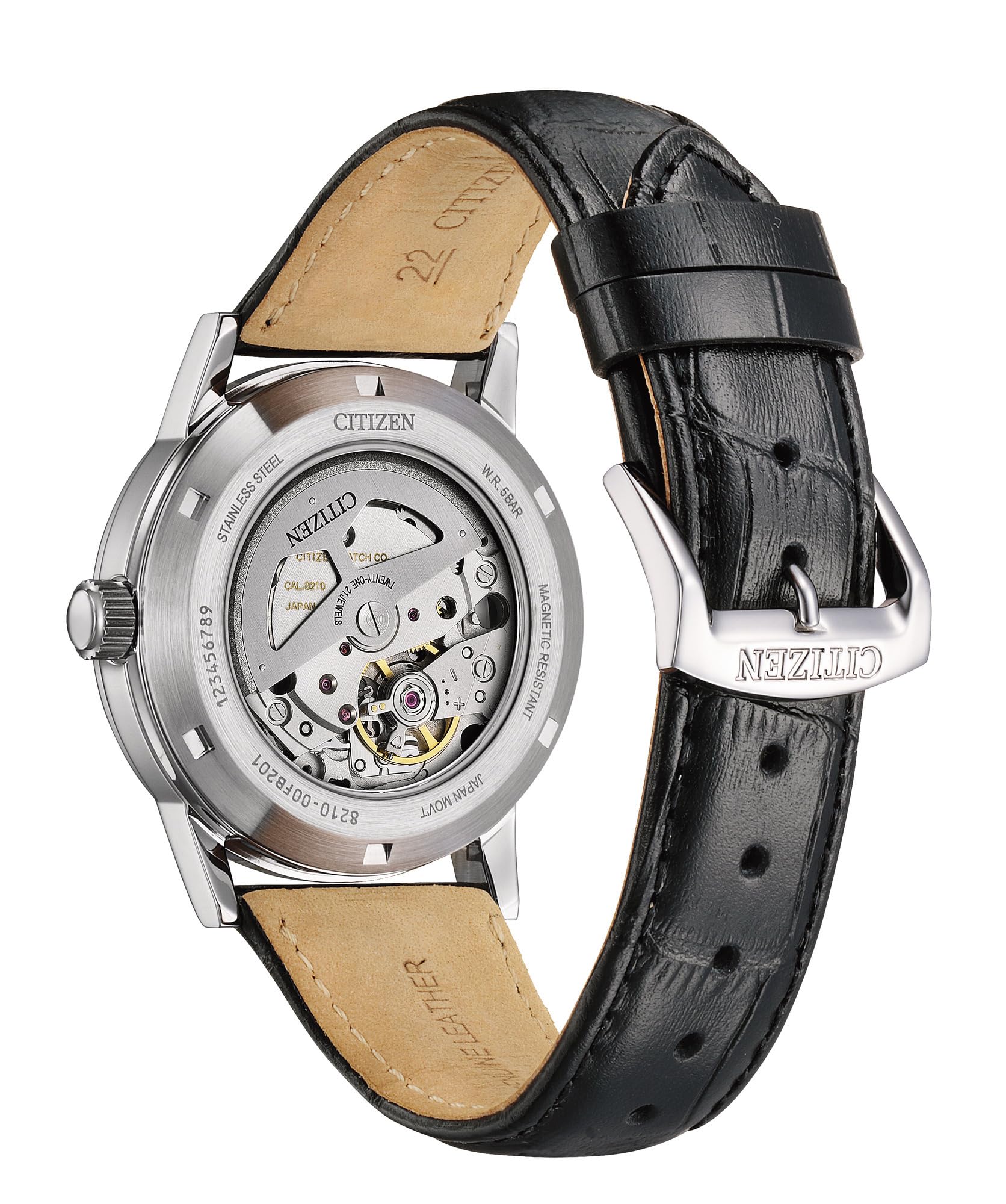 Citizen TSUYOSA Herrenuhr Edelstahl, Schwarz, 40 mm, NJ0210-05E | Mechanisch | Handaufzug Nötig | Kristallglas | 5 bar Wasserdicht | 40 Stunden Gangreserve | Lederband