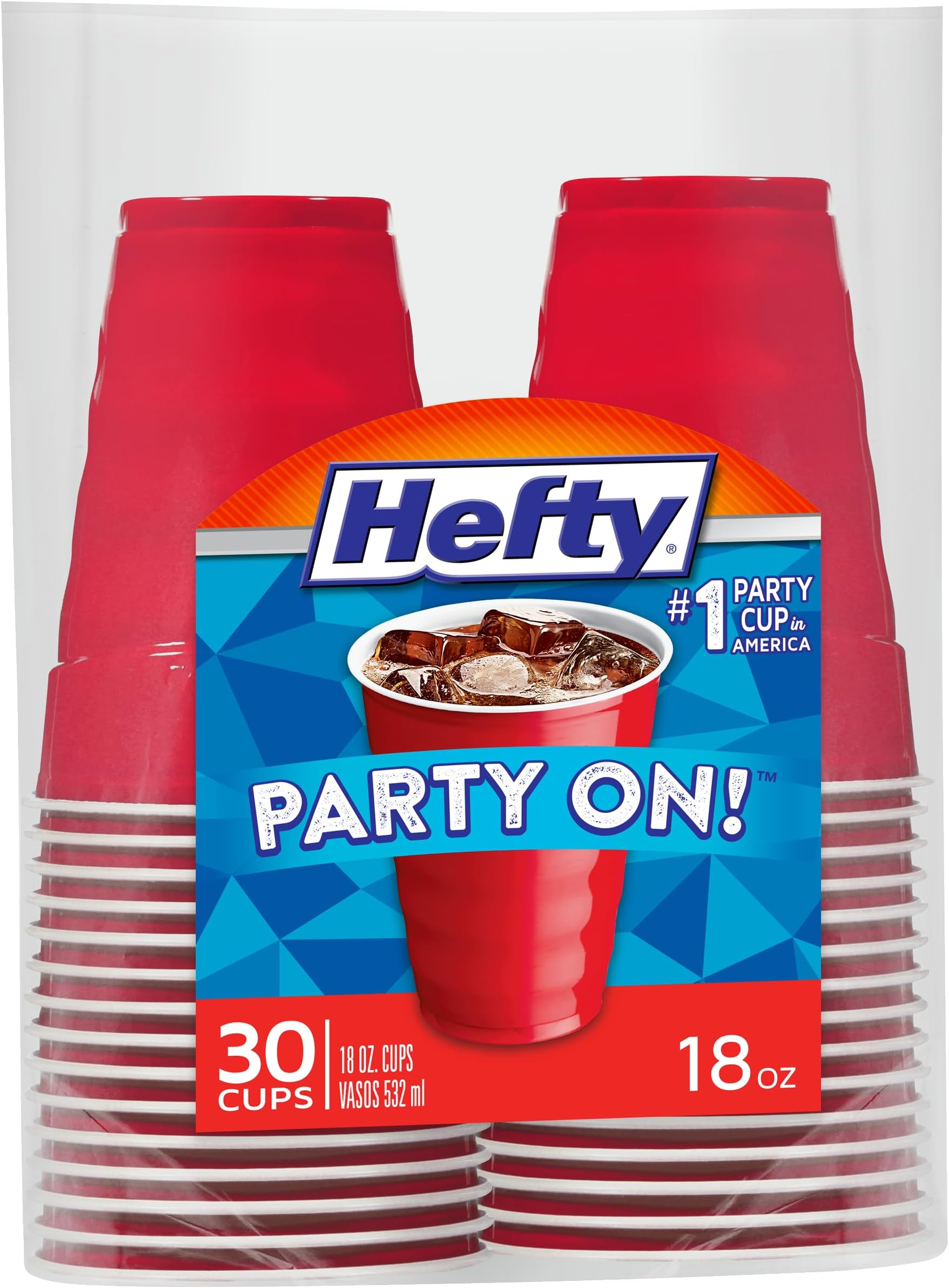 Hefty Party On Disposable Plastic Party Cups, 30 Count, 18 Oz Red Cups for Parties, Tailgates, Birthdays, Holidays, and More, Contoured Shape for Easy Gripping, Strong and Durable