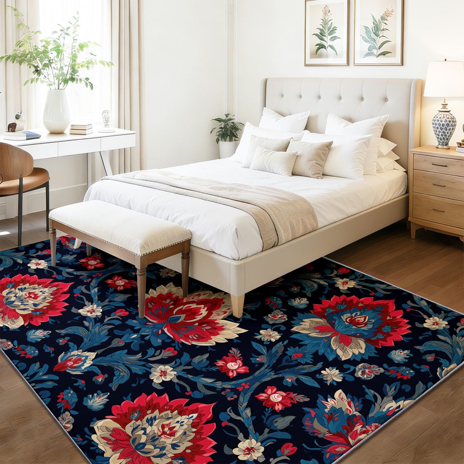 Dywany do salonu, można prać w pralce, dywan 120 x 170 cm, dywany z tradycją boho, antypoślizgowy dywan, czerwone kwiaty, liście, niskie runo, nie gubi włosia, nadruk, do jadalni, domu, biura