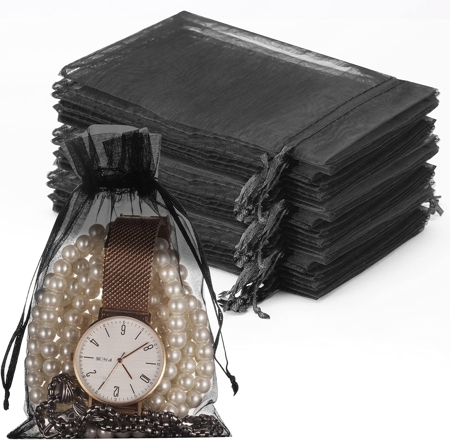 HongyiTime 100PCS Premium Sheer Organza Bags, Black Wedding Favor Bags with Drawstring, 4x6 inches Jewelry Gift Bags for Party, Festival, Makeup Organza Favor Bags,net gift bags,drawstring goody bags