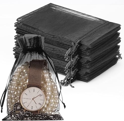 HongyiTime 100 bolsas de organza transparente de alta calidad, color negro, con cordón, para regalos de boda, de 4 x 6 pulgadas, bolsas para