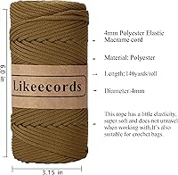 Vista 2 de Cuerda de macramé de poliéster trenzado de 4 mm, 140 yardas / 426 pies, suministros de macramé para manualidades DIY, hilo elástico para crochet