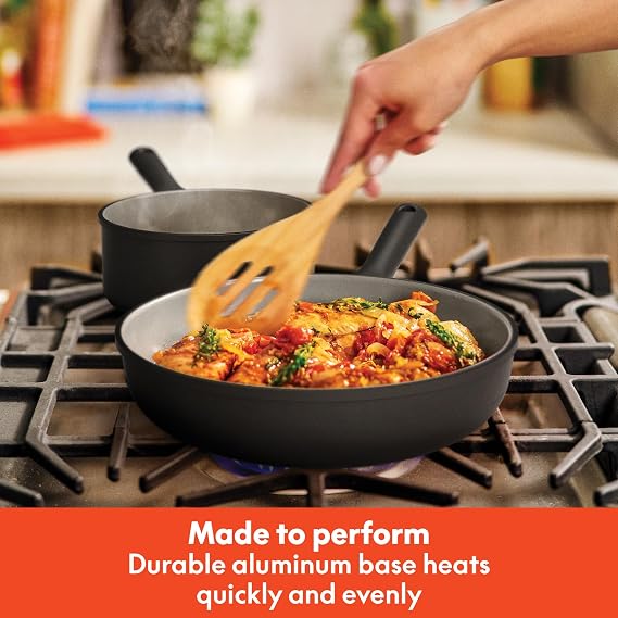 bella 7 Piece Cookware Set with EverGoodTM Ceramic Nonstick Coating, Dishwasher Safe Oven Safe, All Stovetops Compatible, Glass Lids with Silicone Rims, Cool Touch Handles, Black
