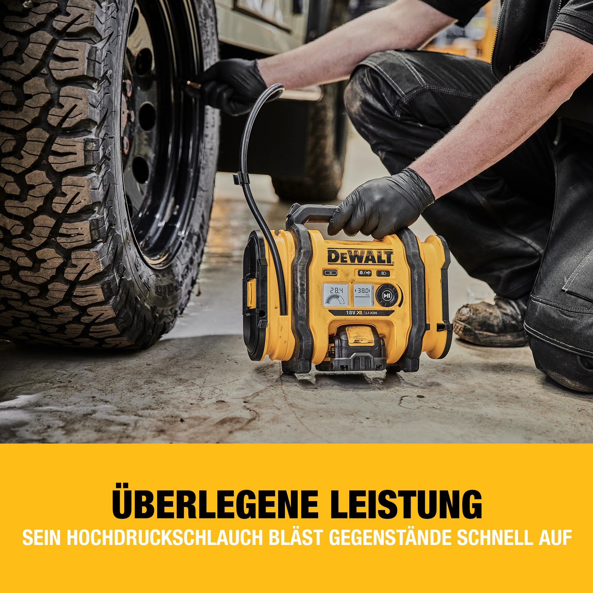 DEWALT 18 Volt Akku- und Netz-Kompressor (für 18V Akkus, Zigarettenanzünder oder 230V-Netz, zum Aufpumpen oder Absaugen von Luft, max. Luftdruck 11 Bar, ohne Akku und Ladegerät), DCC018N-XJ