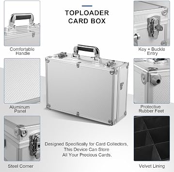 Toploader Storage Box for 3x4 35pt Rigid Cards & Top Loader Cards - Aluminum Alloy Trading Card Storage Box, Sports Card Case with Lock (Holds 600+ Toploaders, Silver)