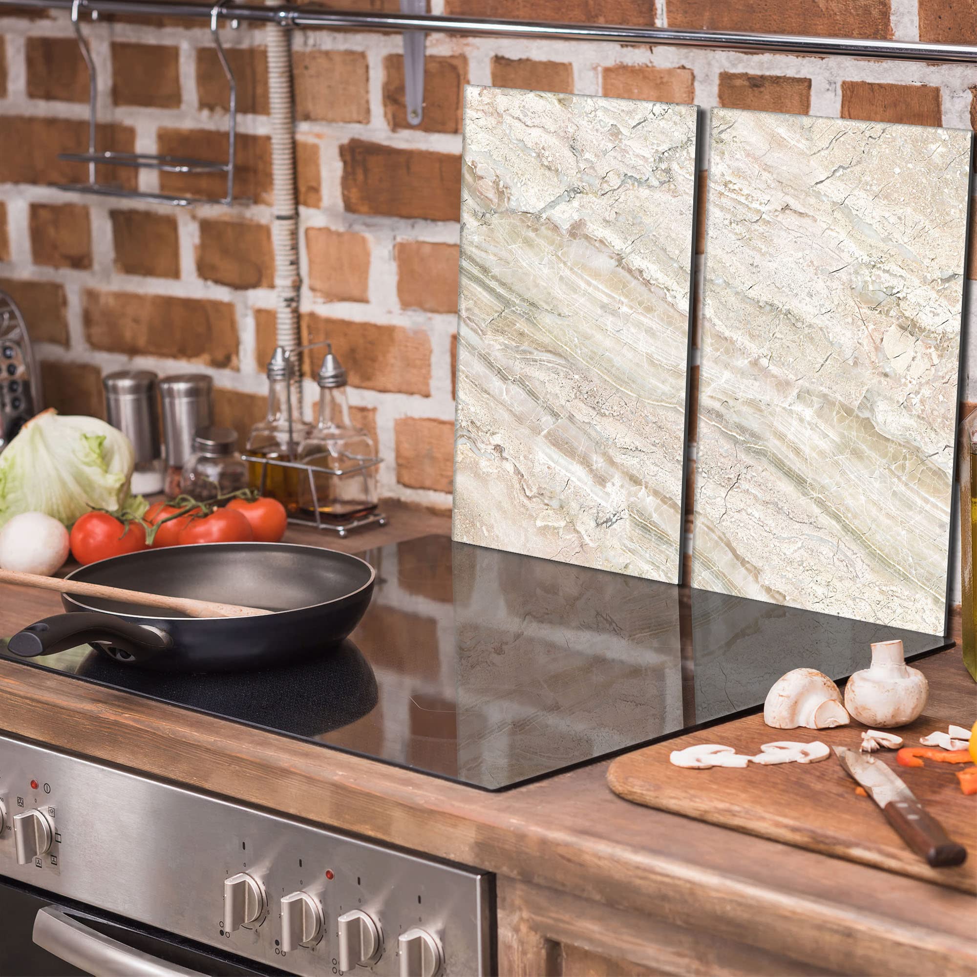 Tabla de cortar decorativa de cristal templado y cubre vitro, Placa protectora de vitrocerámica 30 x 52 cm 2 piezas, para inducción, protección contra salpicaduras, decoración, MÁRMOL
