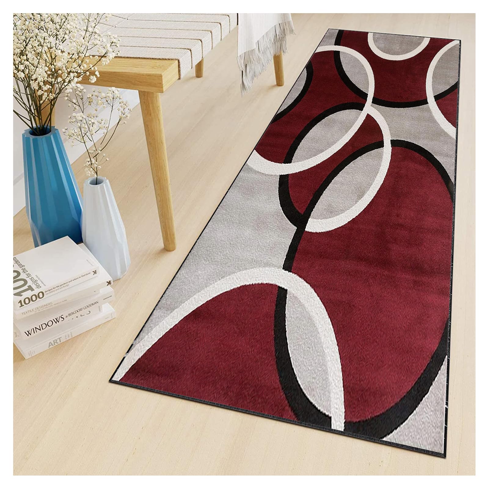 Tappeto Runner Ingresso Antiscivolo Lavabile, Bordeaux e Grigio, Tappeto Passatoia Cucina Moderno, Pelo Corto,2.5 metri Personalizzabile, per Soggiorno, Camera da Letto, Corridoio,60x250cm