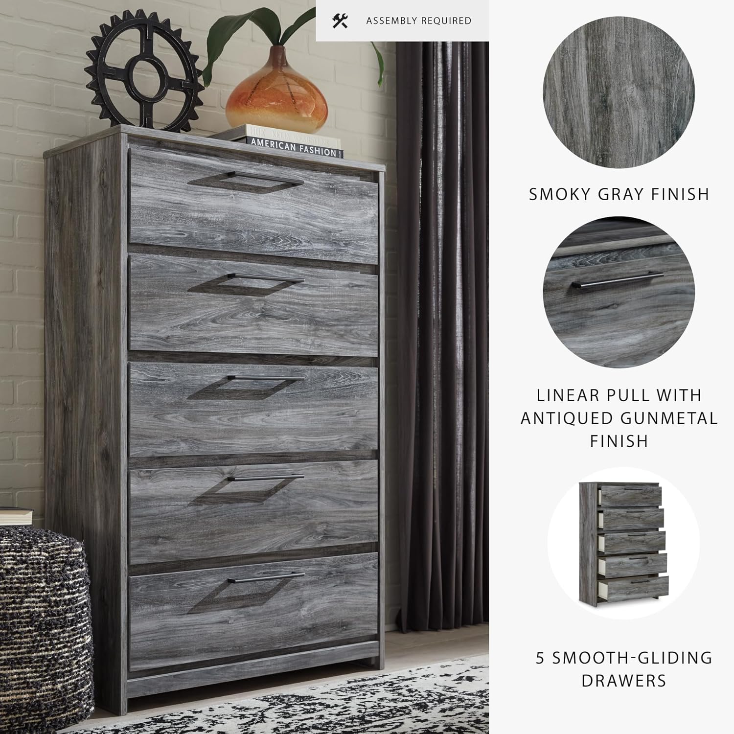 Signature Design by Ashley Baystorm Rustic 5 Drawer Chest of Drawers, Gray