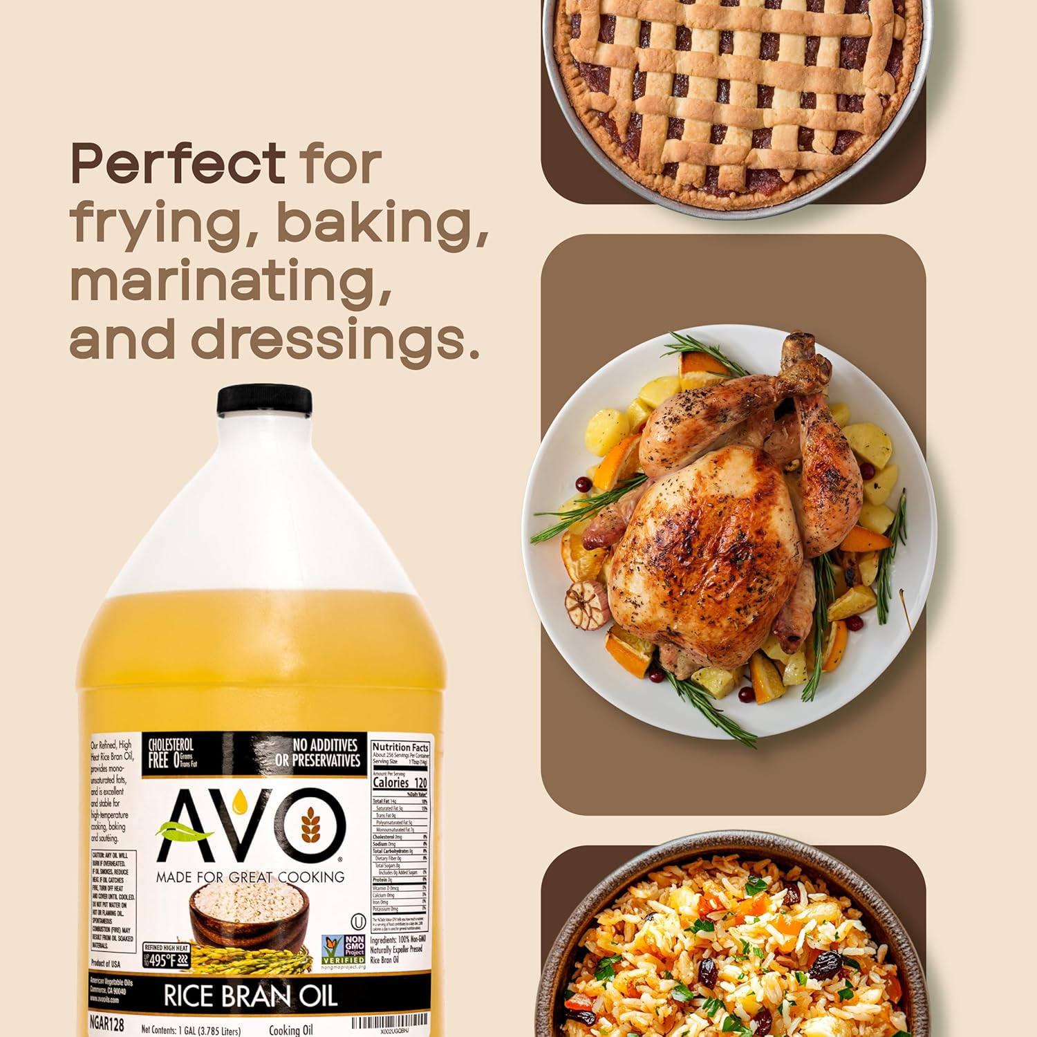 AVO Rice Bran Oil for Cooking or Frying, 1 Gallon, NON-GMO, No Preservatives, High Smoke Point 490°F Rice Oil