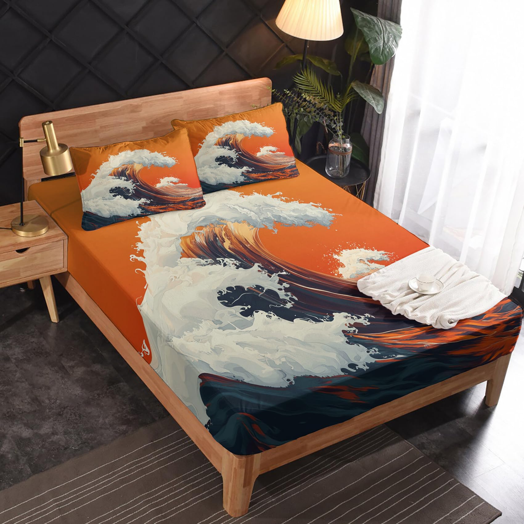 Zvynqour - Japanese Style Twin XL Sheet Set Ukiyo-e Design 3 Piece Bedding with 16" Deep Pocket Ocean Wave Bedroom Decor