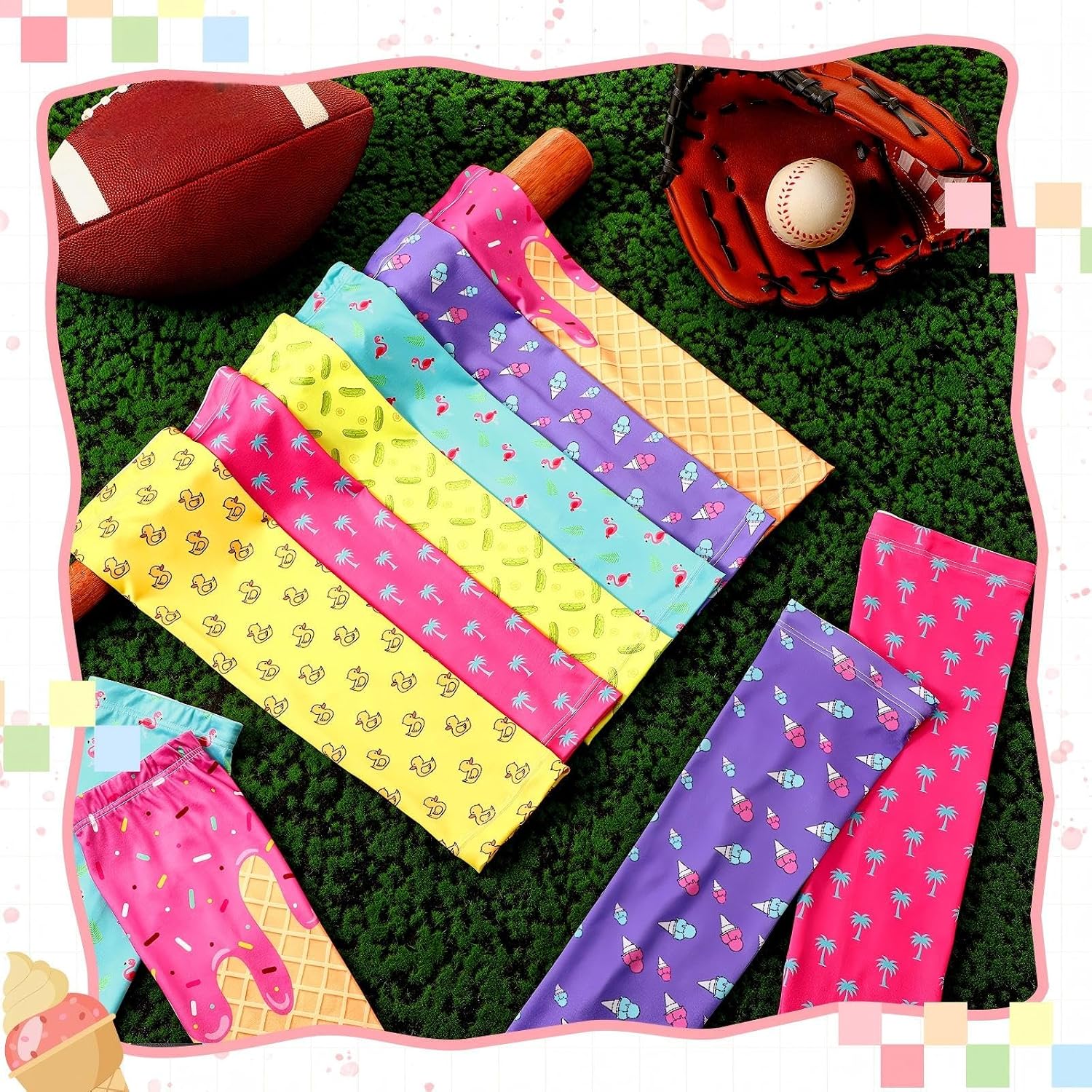 6 Pair Baseball Arm Sleeve for Youth Sun Protection Breathable Cooling Sleeve Ice Cream Drip Palm Tree, 14-18 Years