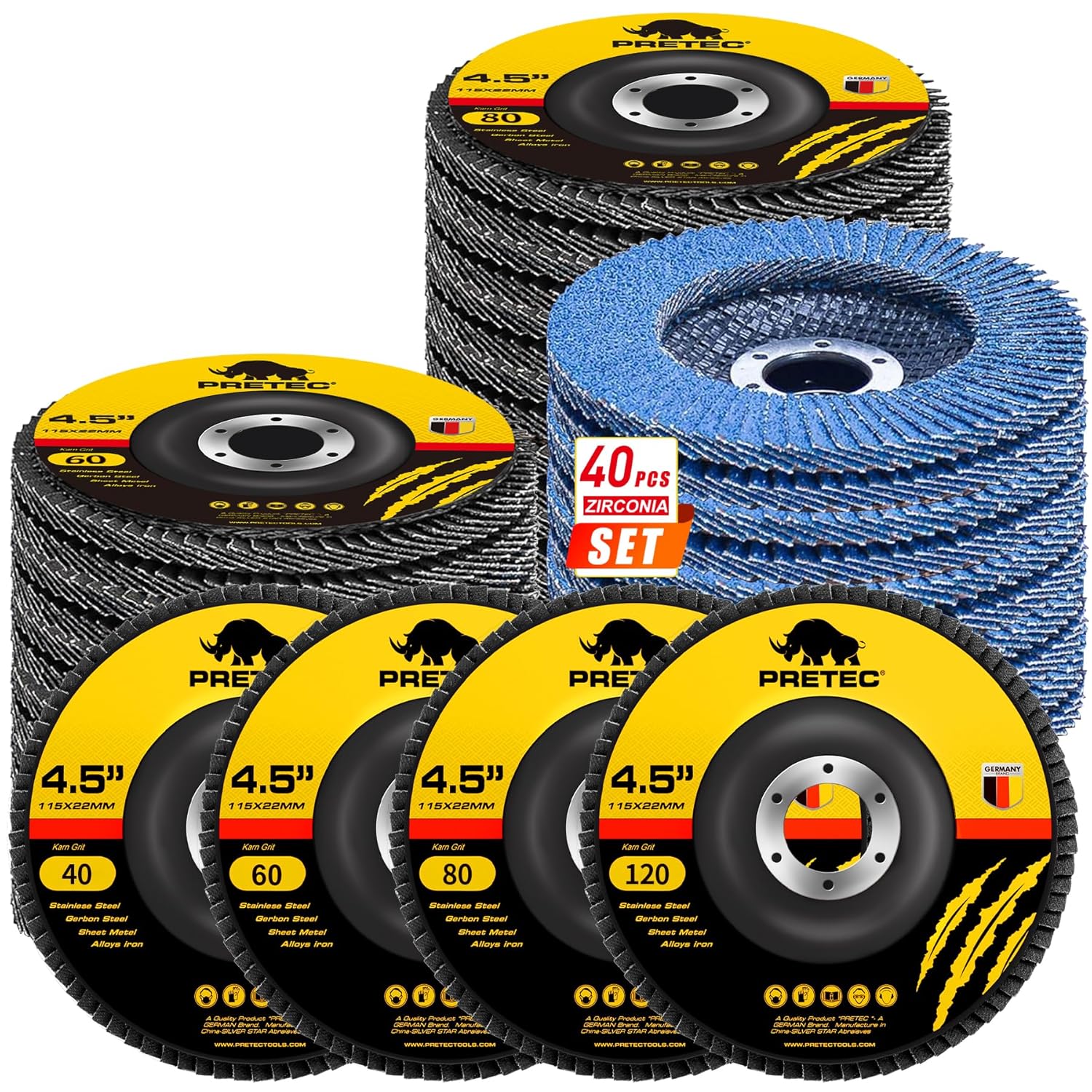 Flap Discs 4 1/2 for Angle Grinder, 40 Pcs Flap Discs 40/60/80/120 Grit, 4.5" x 7/8" High Density Zirconia Type 27 Flap Sanding Disc for Grinding, Rust Removal, Sanding and Finishing - 40Packs