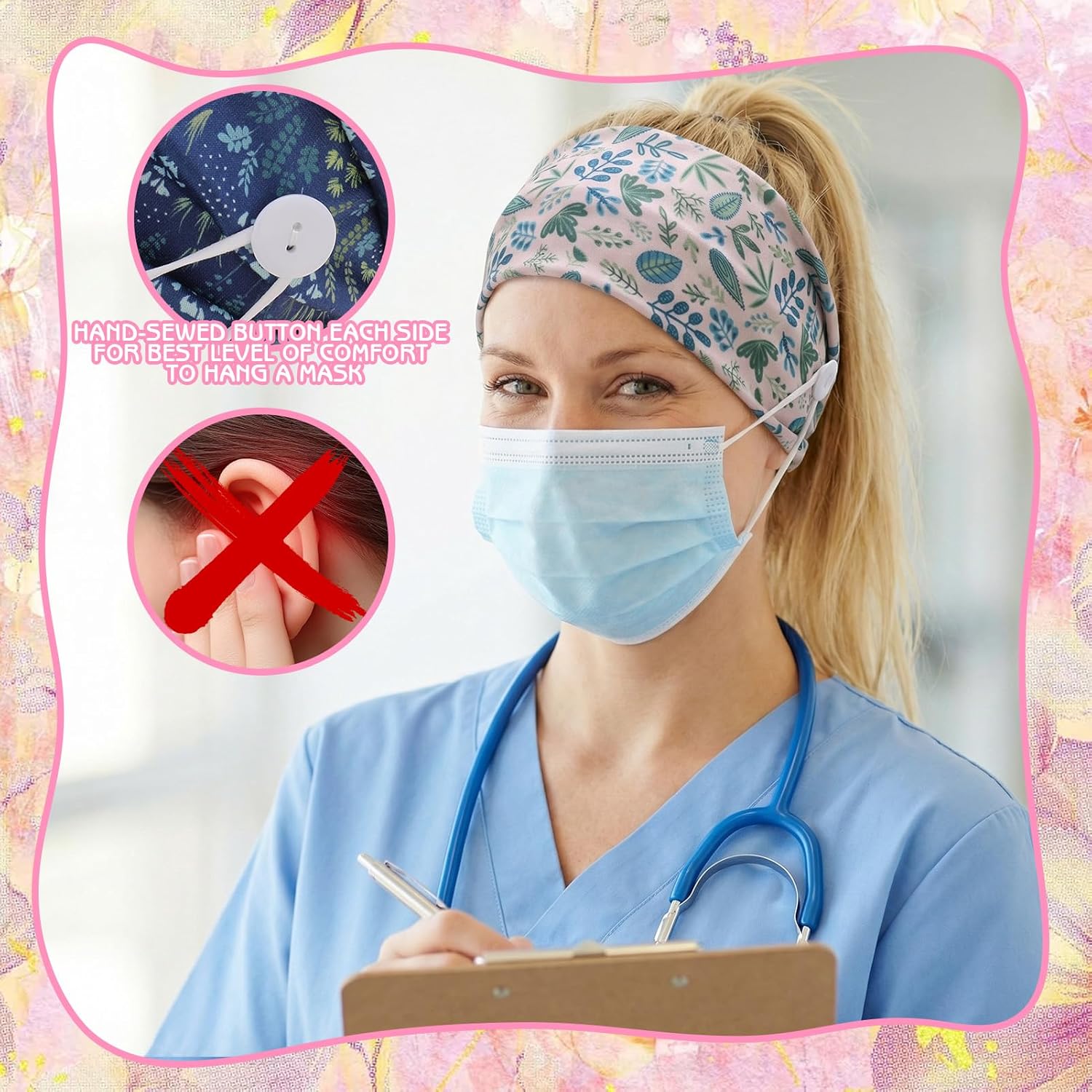 12 Pack Headbands with Mask Buttons for Nurses Doctors Women, Wide Head bands, Stretchy Hair Band, Soft Workout Head Wrap for Work, Scrub Cap, Yoga & Gym