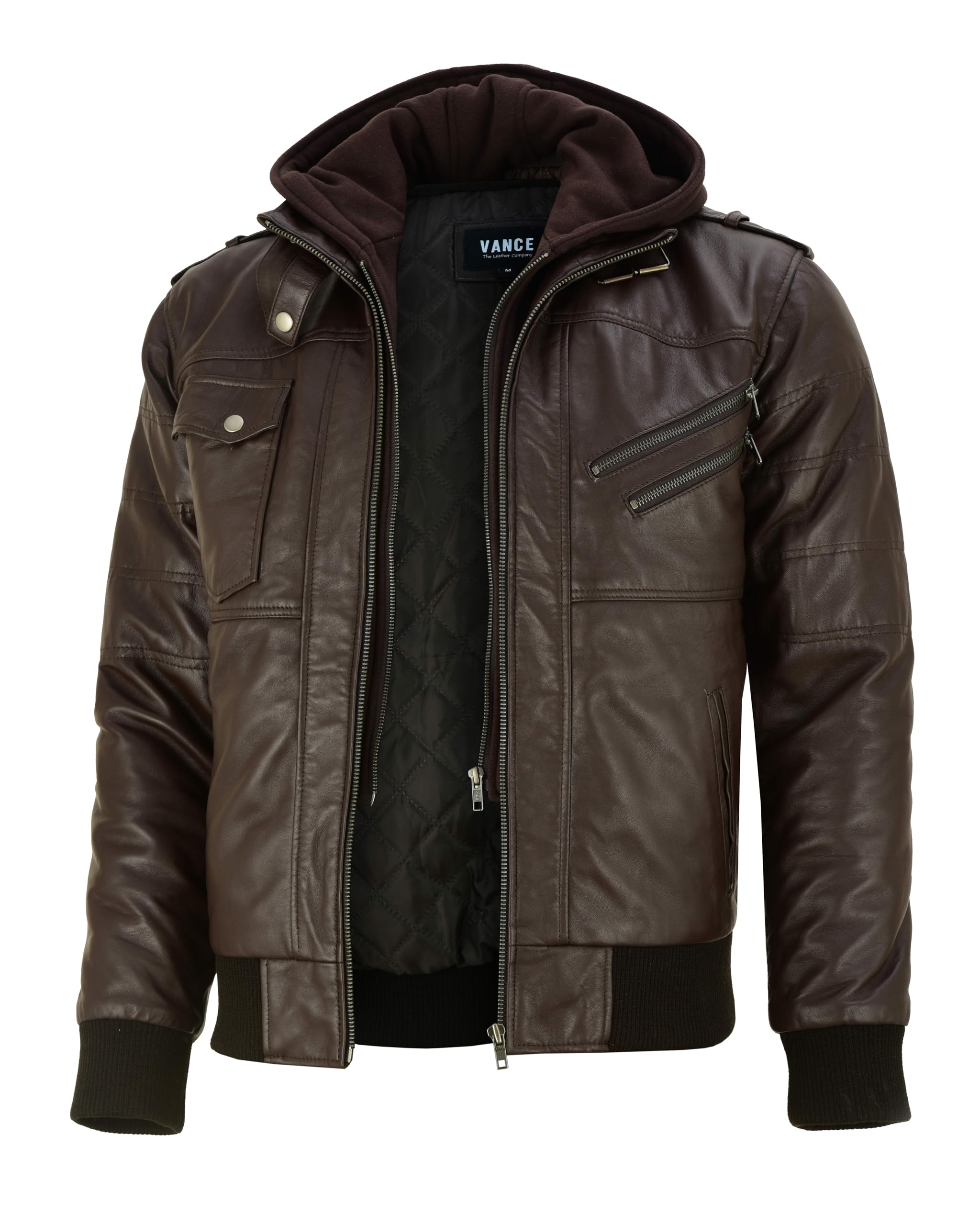 Vance Herren Echt Lederjacke aus 100% Lammleder Abnehmbarer Hoodie