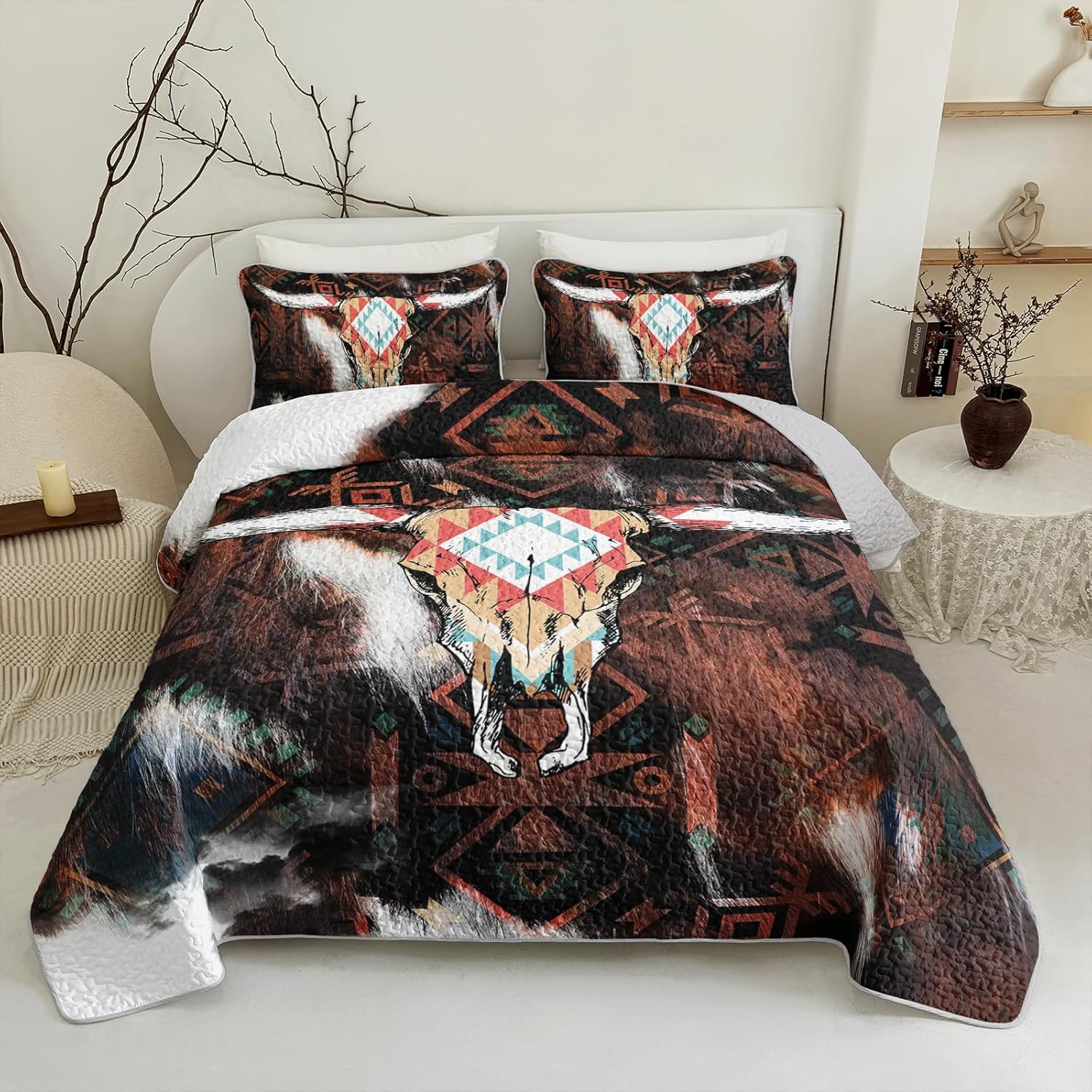 Highland Cow Skull Quilt Set,Western Bull Skull Bedspread,Geometric Boho Cow Head Bedding for Boys Kids,Southwestern Vintage Tribal Bed Coverle,Farmhouse Country Bed Set with 2 Pillow Shams