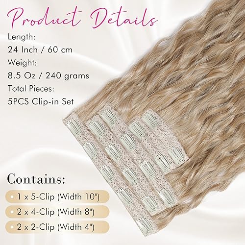 Miniatura 3 de REECHO Extensiones de cabello con pinzas, 5 extensiones de cabello rubio de 24 pulgadas de grosor, largas y sueltas, extensiones de cabello con