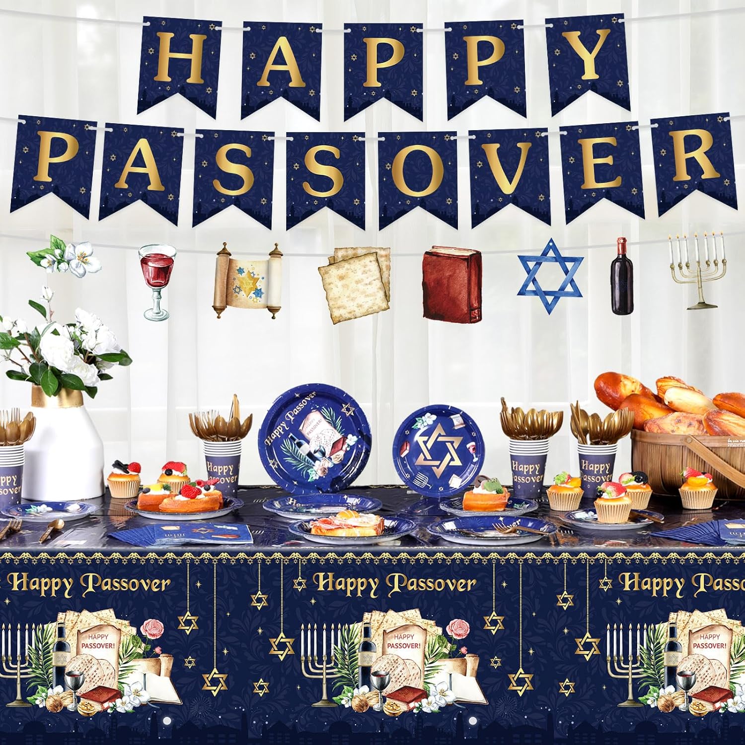 SiliFine 173 Pcs Happy Passover Tableware Set Disposable Pesach Dinnerware Passover Seder Set Tablecloths Plates Cups Napkins Banners Cutlery for Jewish Festival Party Decorations, Serve 24
