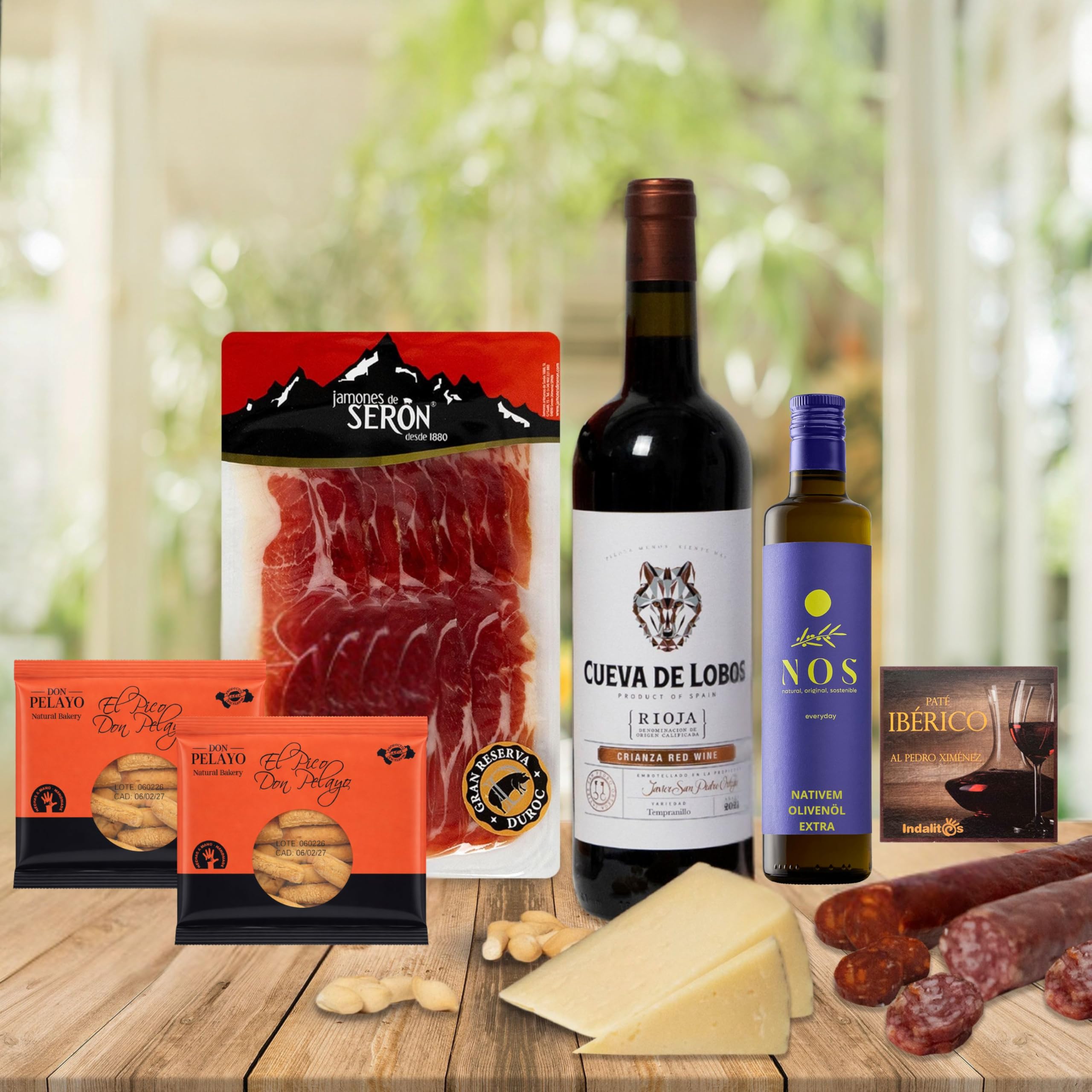UNIVERSO GOURMET Exklusive Gourmet-Geschenkbox Rotwein g.U. Rioja Natives Olivenöl Extra Iberische Bellota-Wurstwaren Gran Reserva Schinken Schafskäse Geschenkset