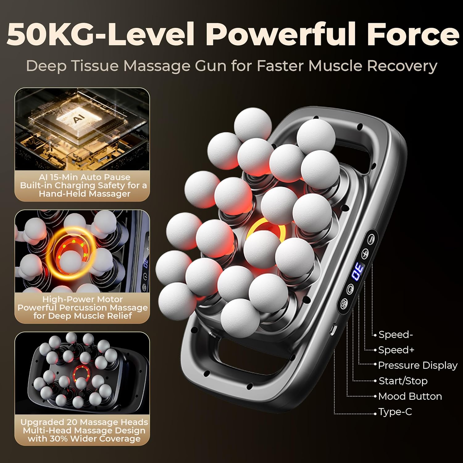 20-head massage gun set,deep tissue massage for muscle pain relief,high-power electric massager gun with 3 modes,30 levels,quiet handheld body massage tool for back,legs,waist,arms,recovery