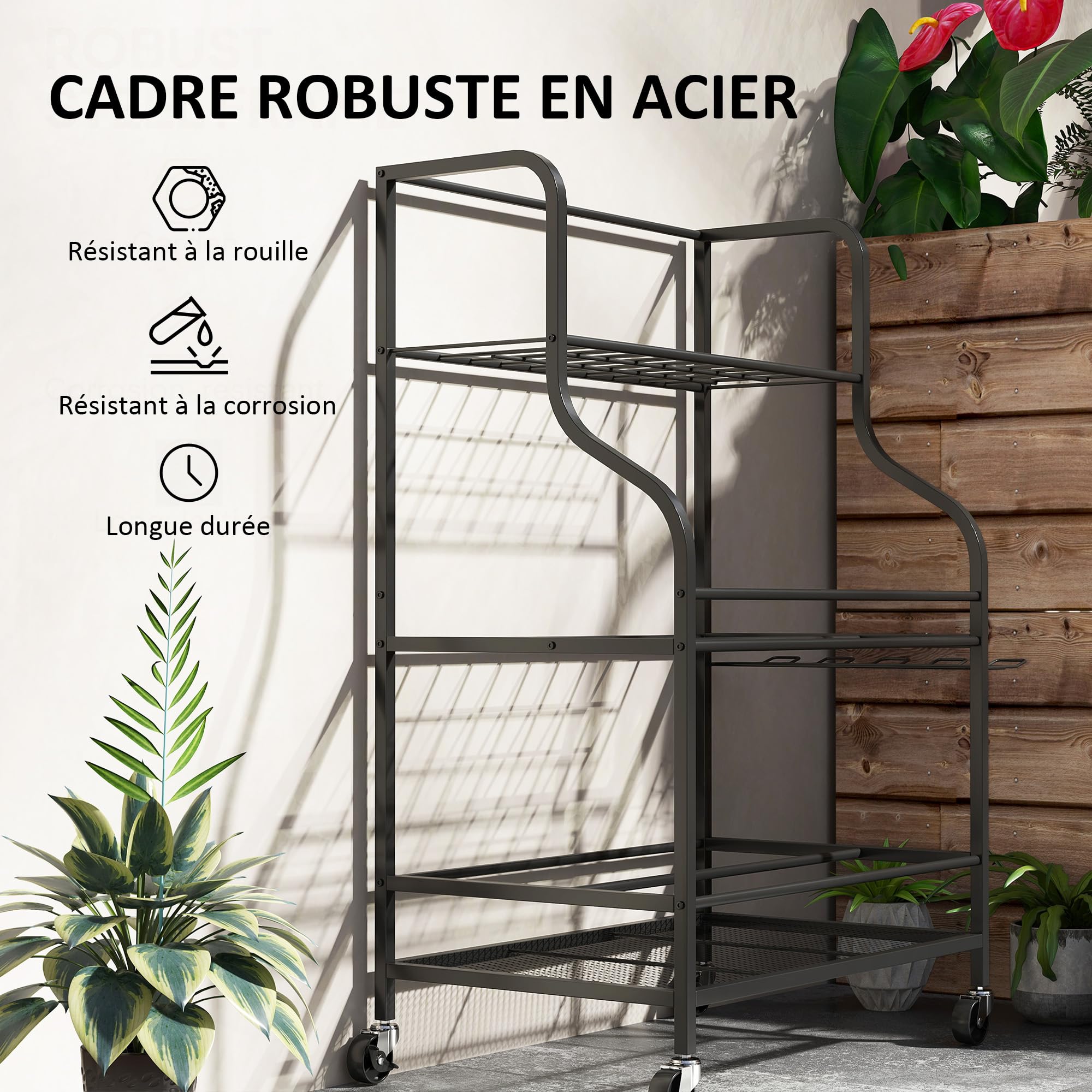 Outsunny Organiseur d'outils de Jardin, Support à Outils de Jardin 54 emplacements avec 5 Crochets, Porte-Outils de Garage en Acier sur roulettes, 3 Niveaux pour Outils, râteaux, Noir