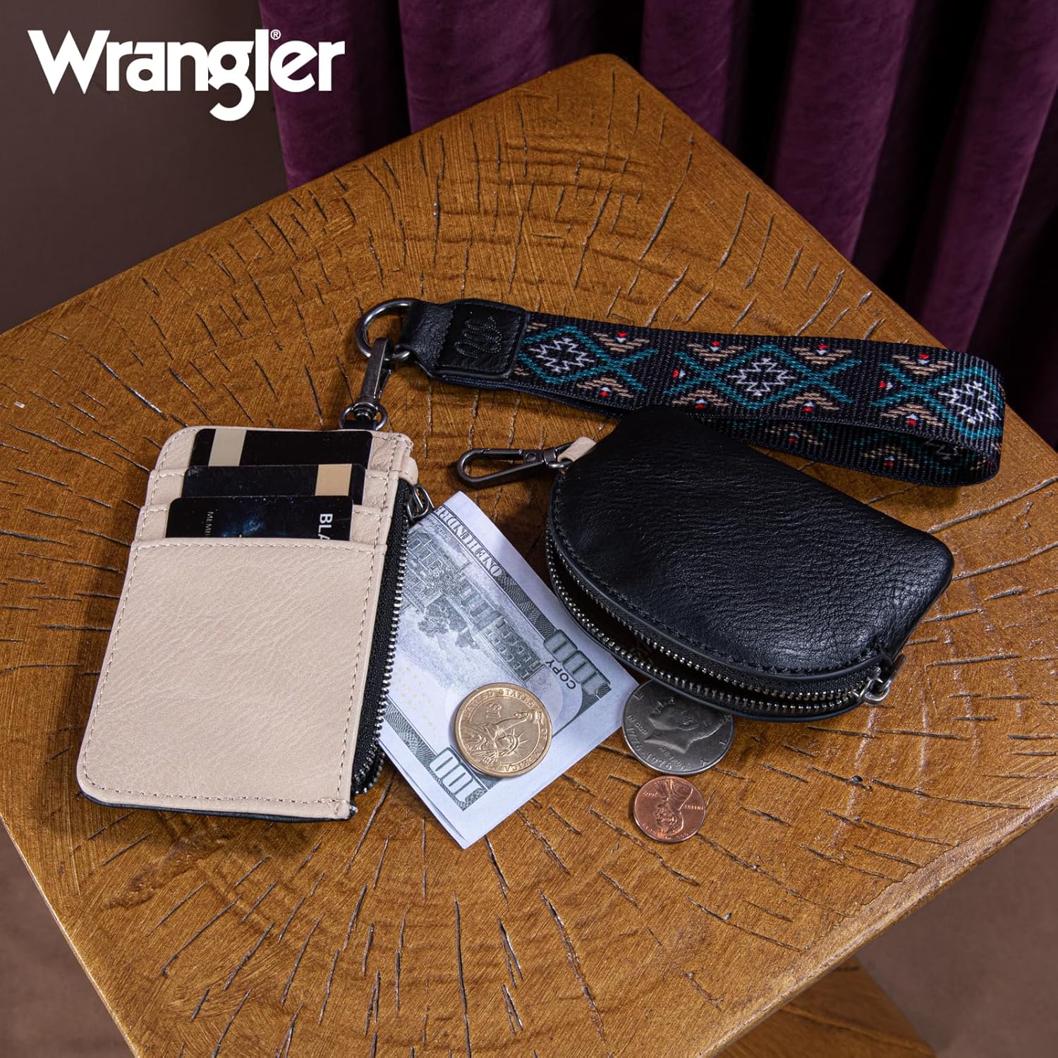 Wrangler Western Keychain Wristlet Wallets for Women Retro Dual Pouch Wristlet Credit Card Holder Wallet with Zipper Pocket WG2214-W0051BK - Image 6