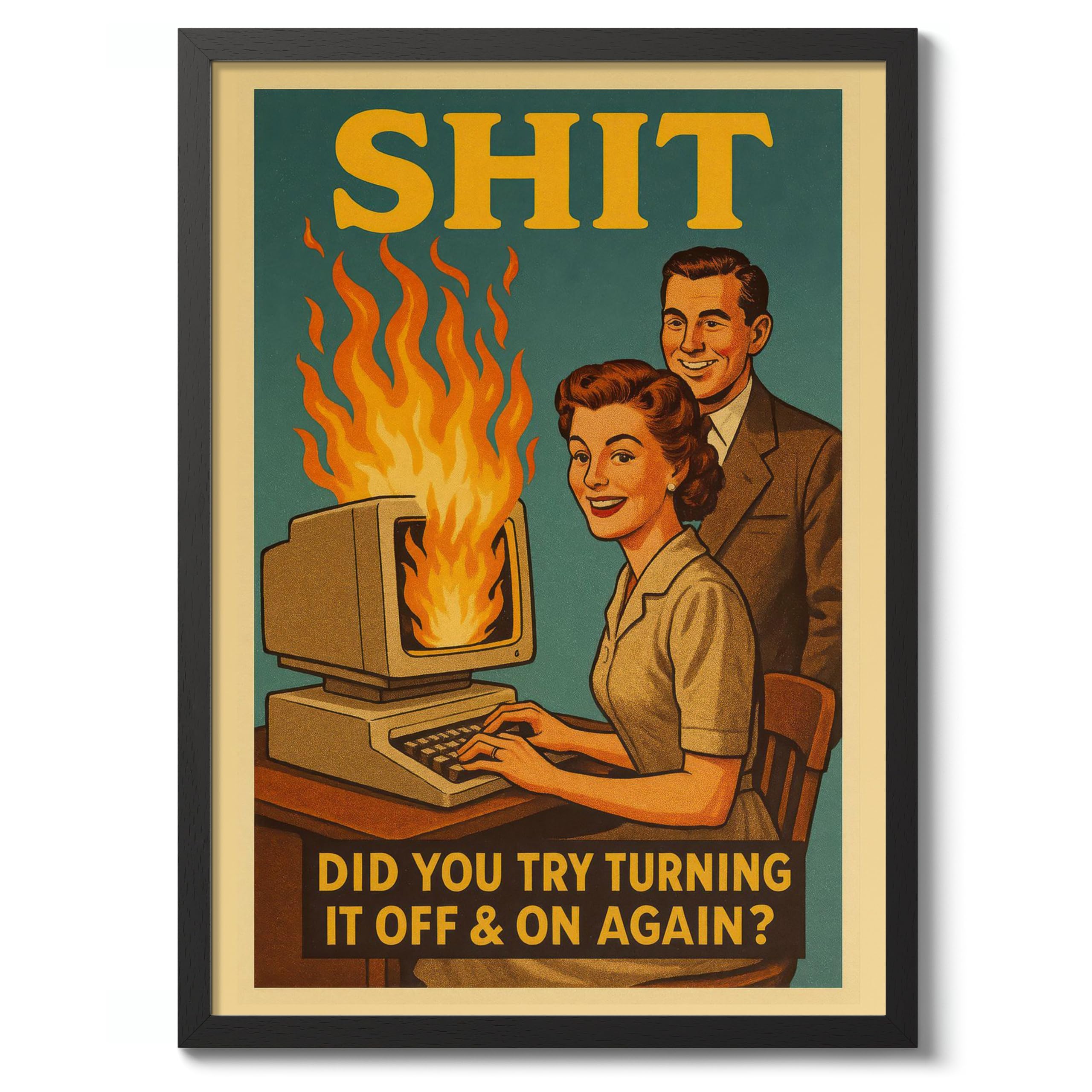 Did You Try Turning It Off And On Again Poster, Vintage Retro Funny Print, Kitchen Wall Art, A5 (Black Frame) - 24.1x17.9cm