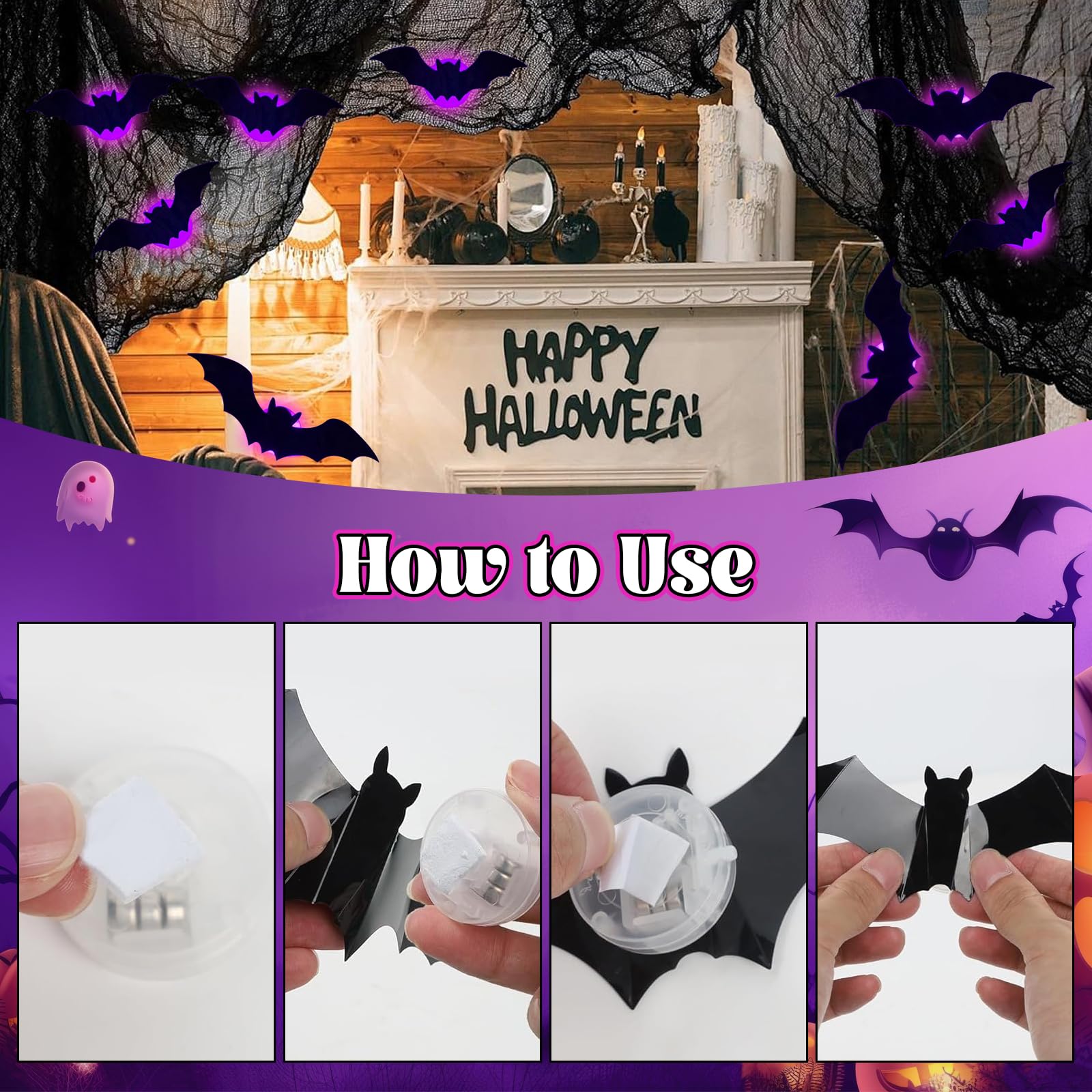 Halloween Decoration, Pack of 24 LED Purple Bat Decoration, Halloween Decoration, Outdoor 3D LED Purple Bat Decoration - Image 4