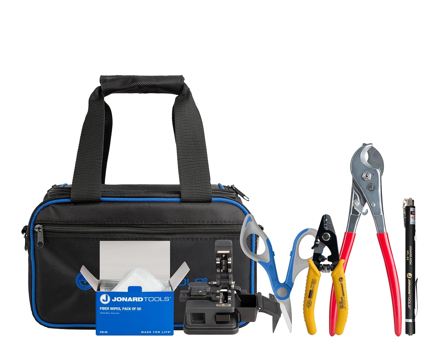 Jonard Tools TK-184A Fiber Optic Connector Clean & Prep Kit+ - Fiber Optic Stripper, Cable Cutter, Cleaver, VFL, Kevlar Scissors, Wipes, Rugged Case